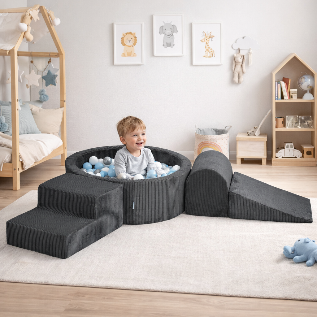 Foam playground with round 90x30 graphite corduroy velvet ball pit + 200 balls