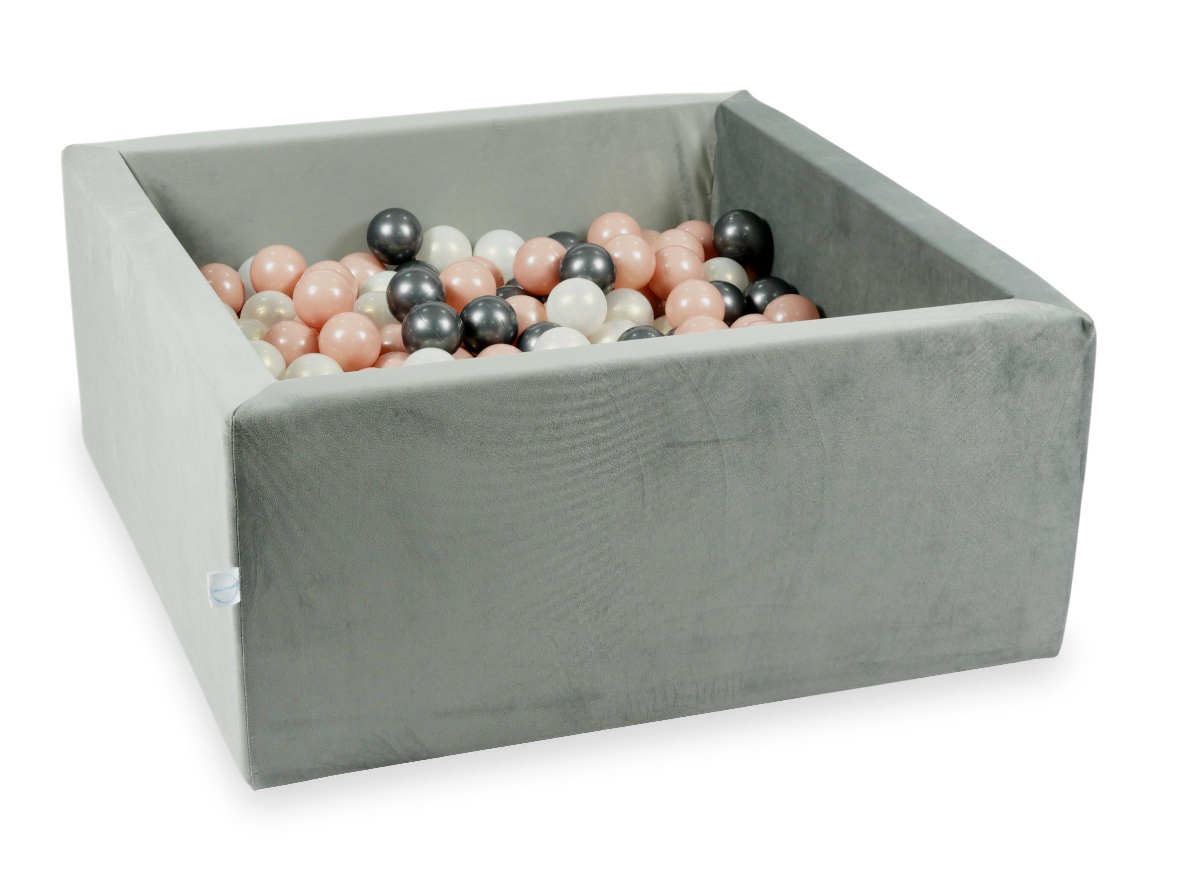 Square ball pit 90x90x40 cm in gray velvet velvet, 400 balls