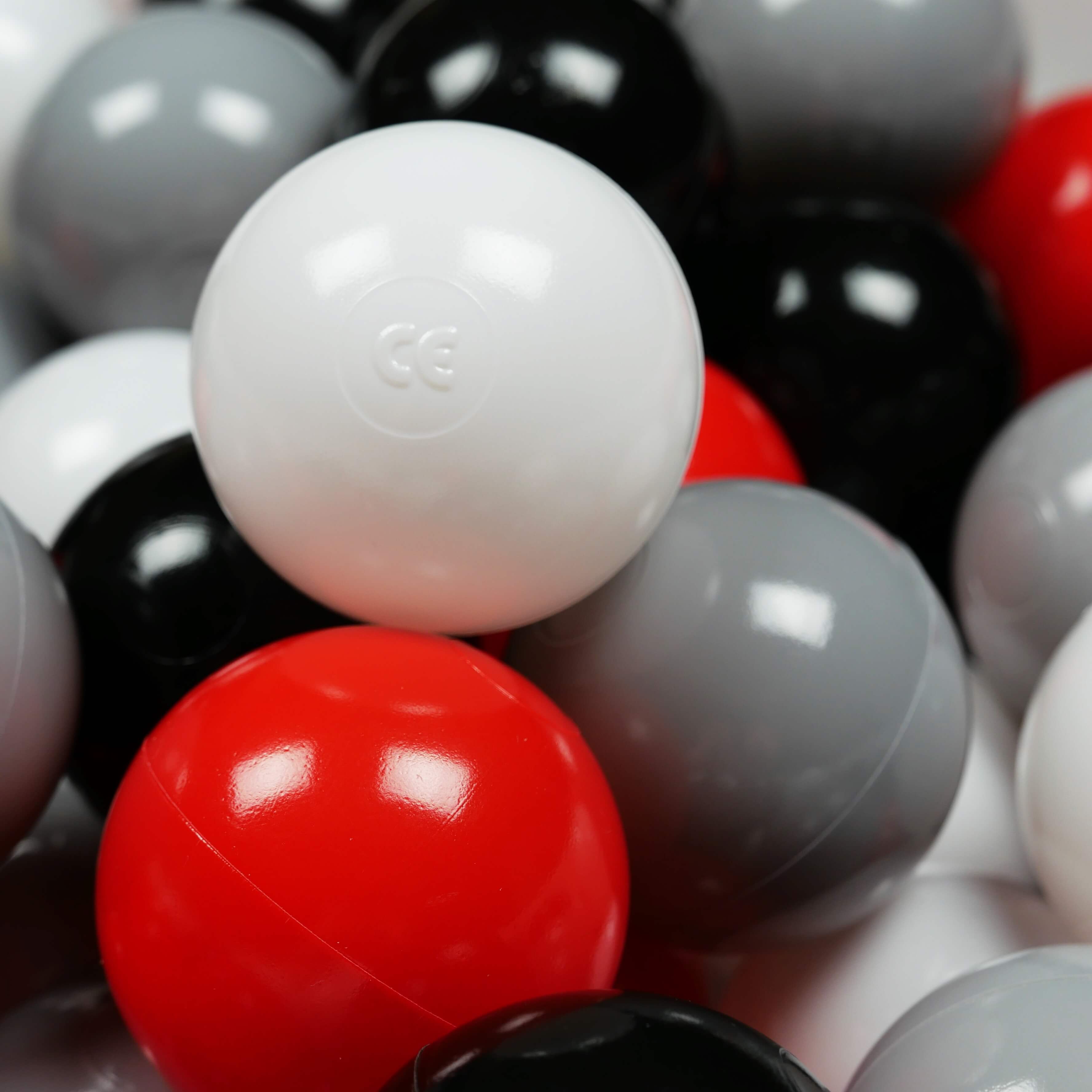 25 Spielbälle, 7 cm Durchmesser, weiß, rot, schwarz, grau