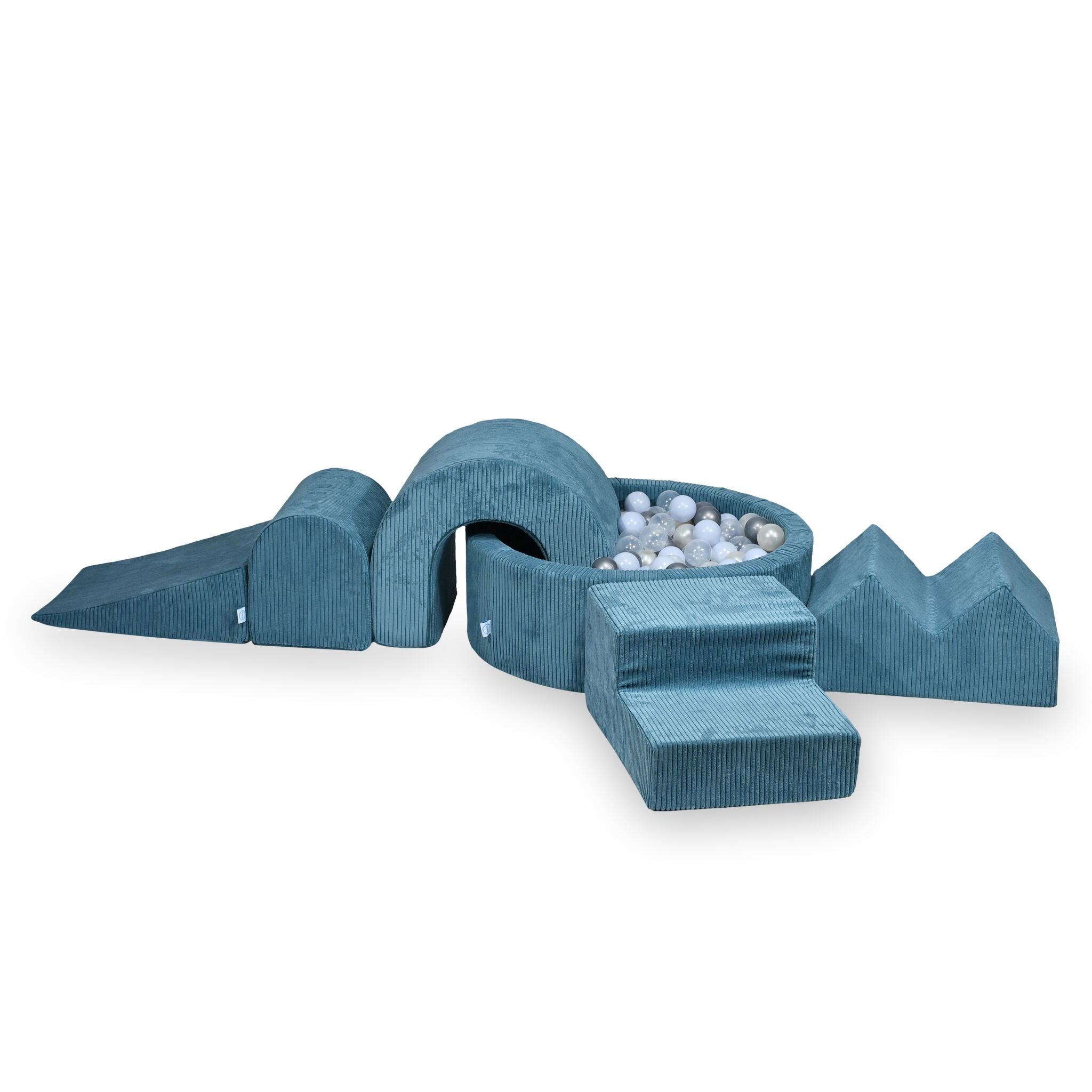 Foam play area with round pool 90x30 ribbed blue + 5 elements + 200 balls