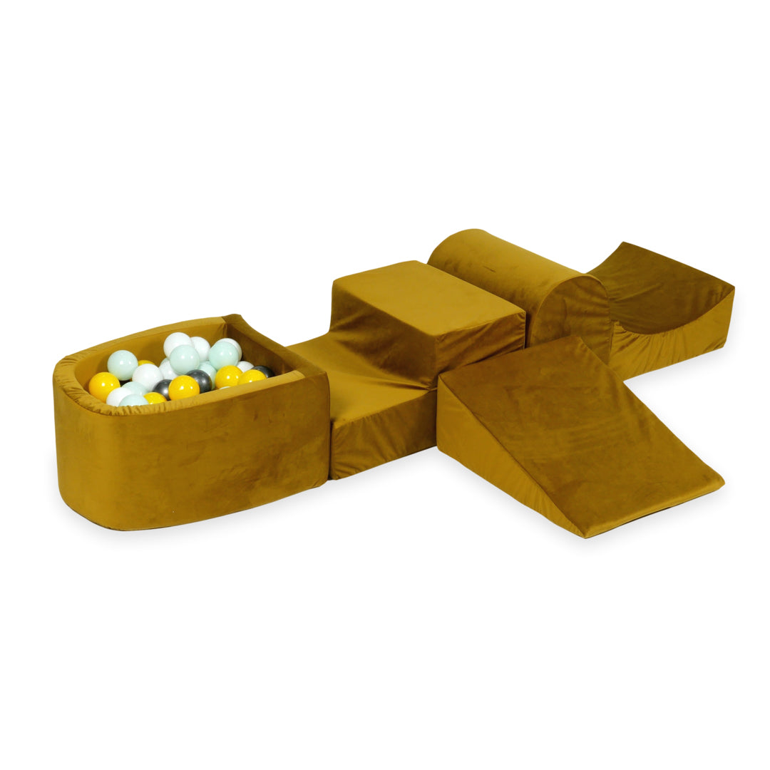 Aire de jeux en mousse avec colline et piscine micro velvet dore + 100 balles