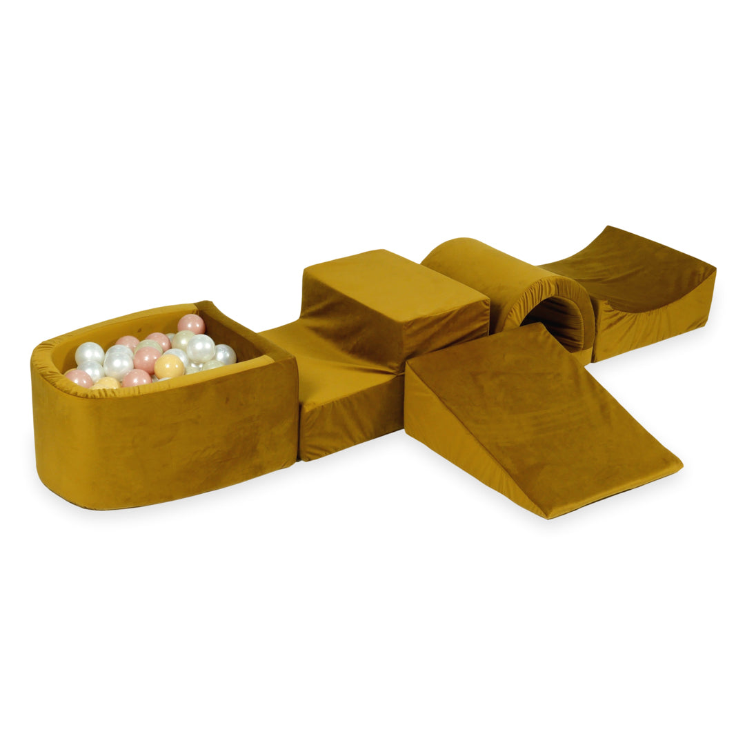 Aire de jeux en mousse avec pont et piscine micro velvet dore + 100 balles