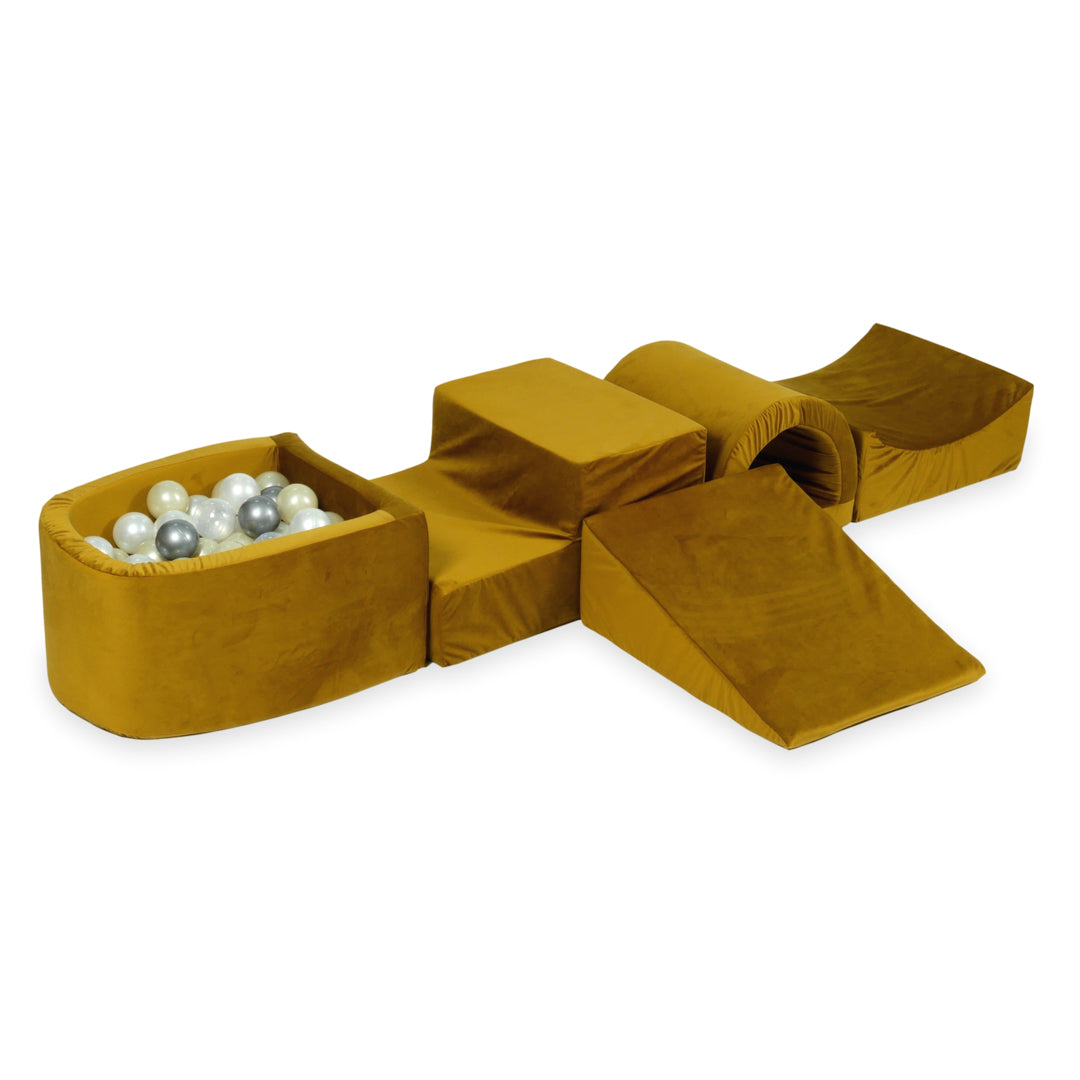 Aire de jeux en mousse avec pont et piscine micro velvet dore + 100 balles