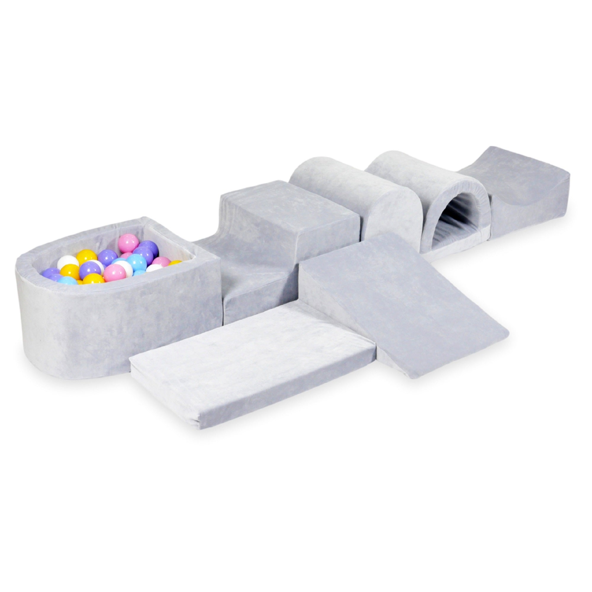 Largest foam play area with light gray soft micro velvet ball pit + 100 balls