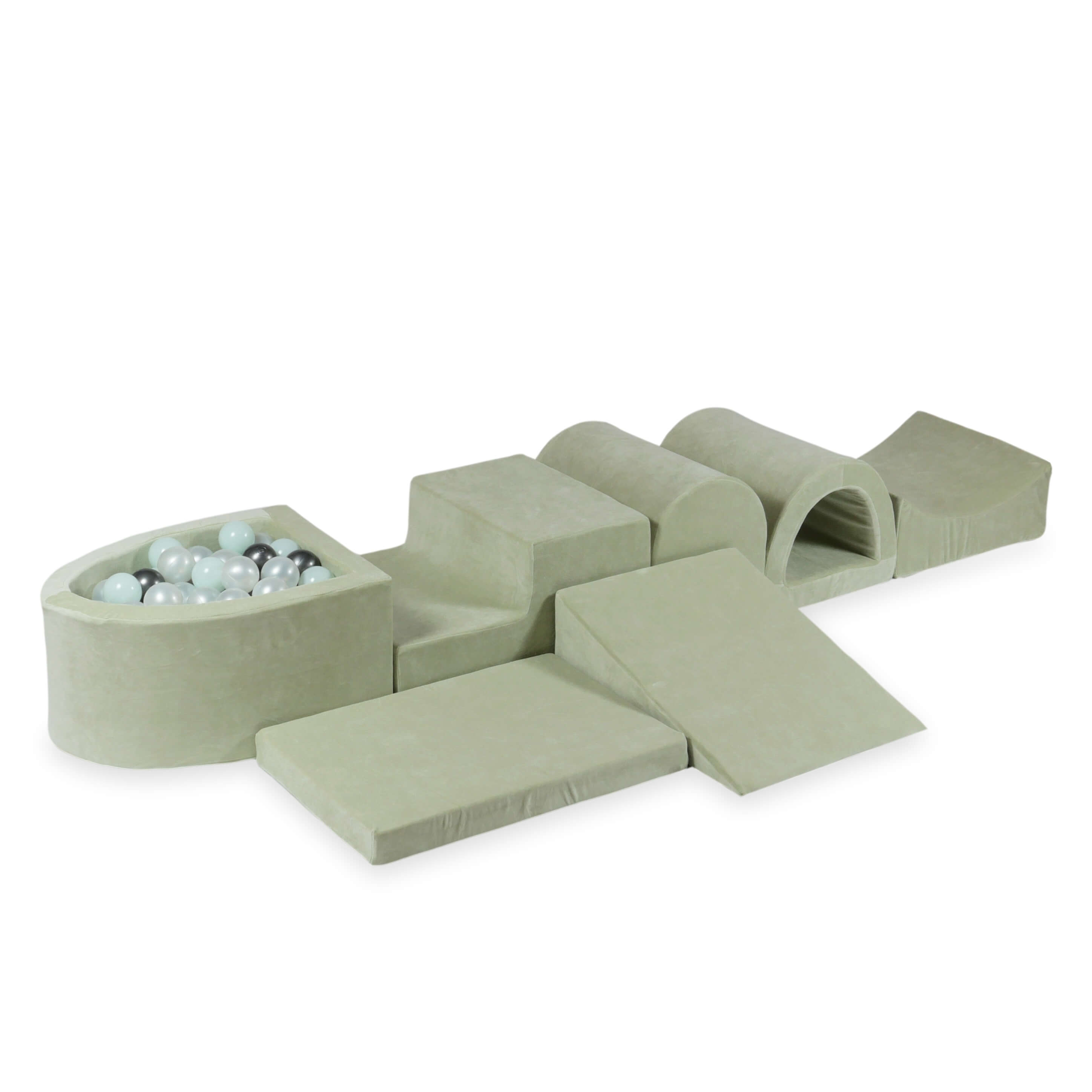 Larger foam play area with micro velvet soft pistachio pool + 100 balls