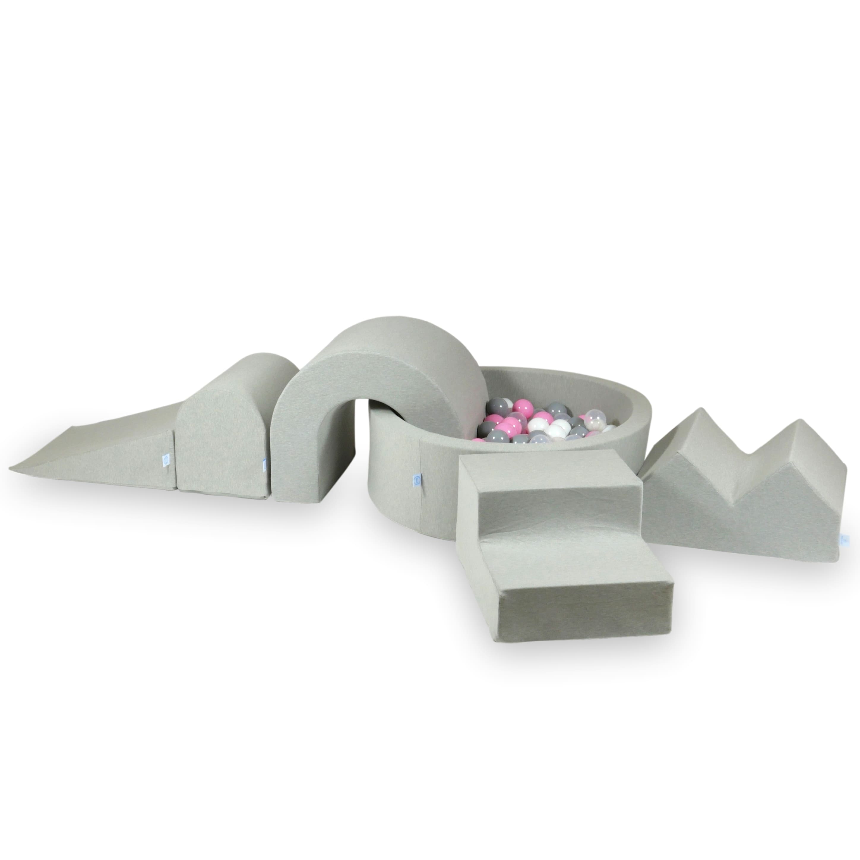Foam play area with round pool 90x30 light gray + 5 elements + 200 balls