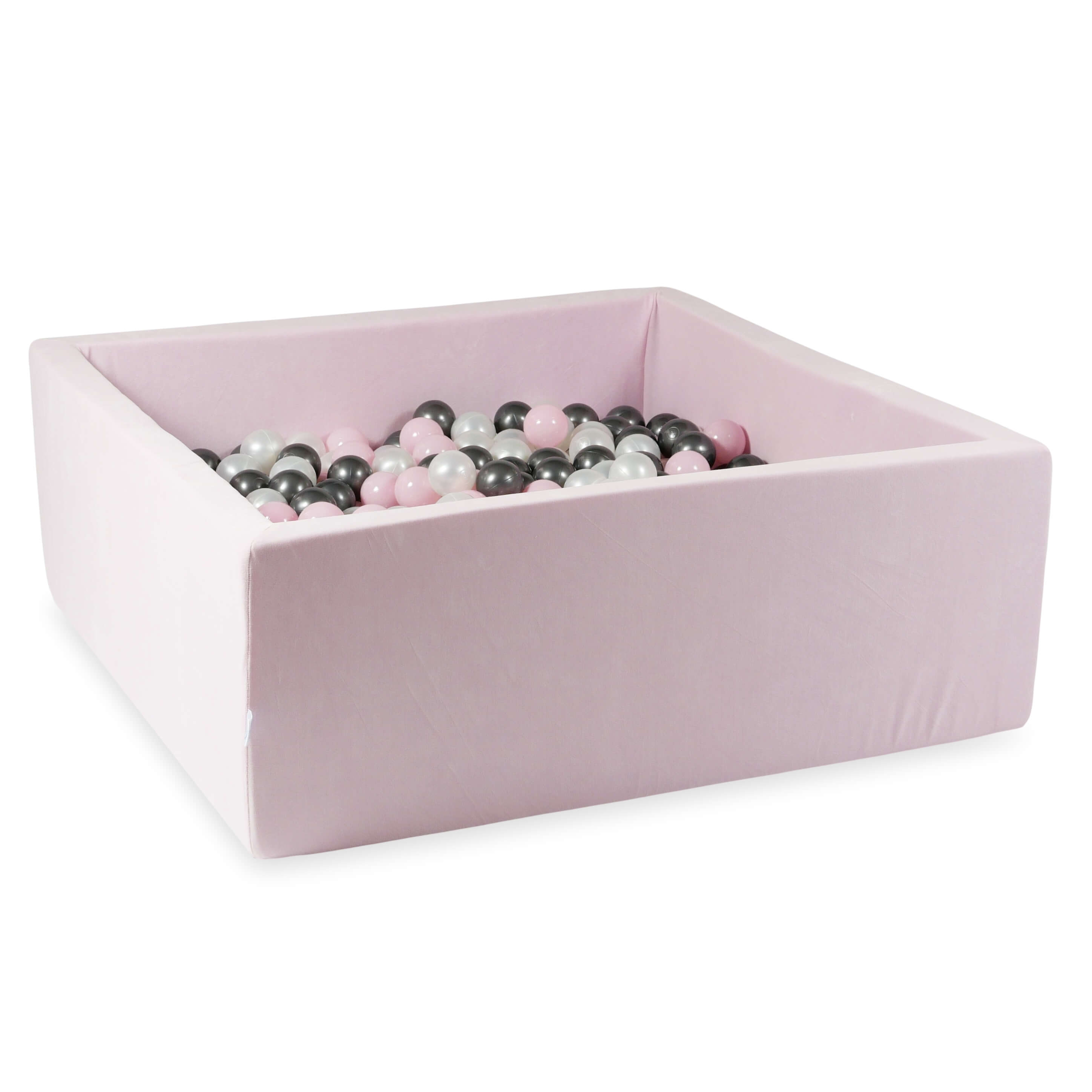 Square ball pit 110x110x40 cm in light pink soft velvet, 600 balls