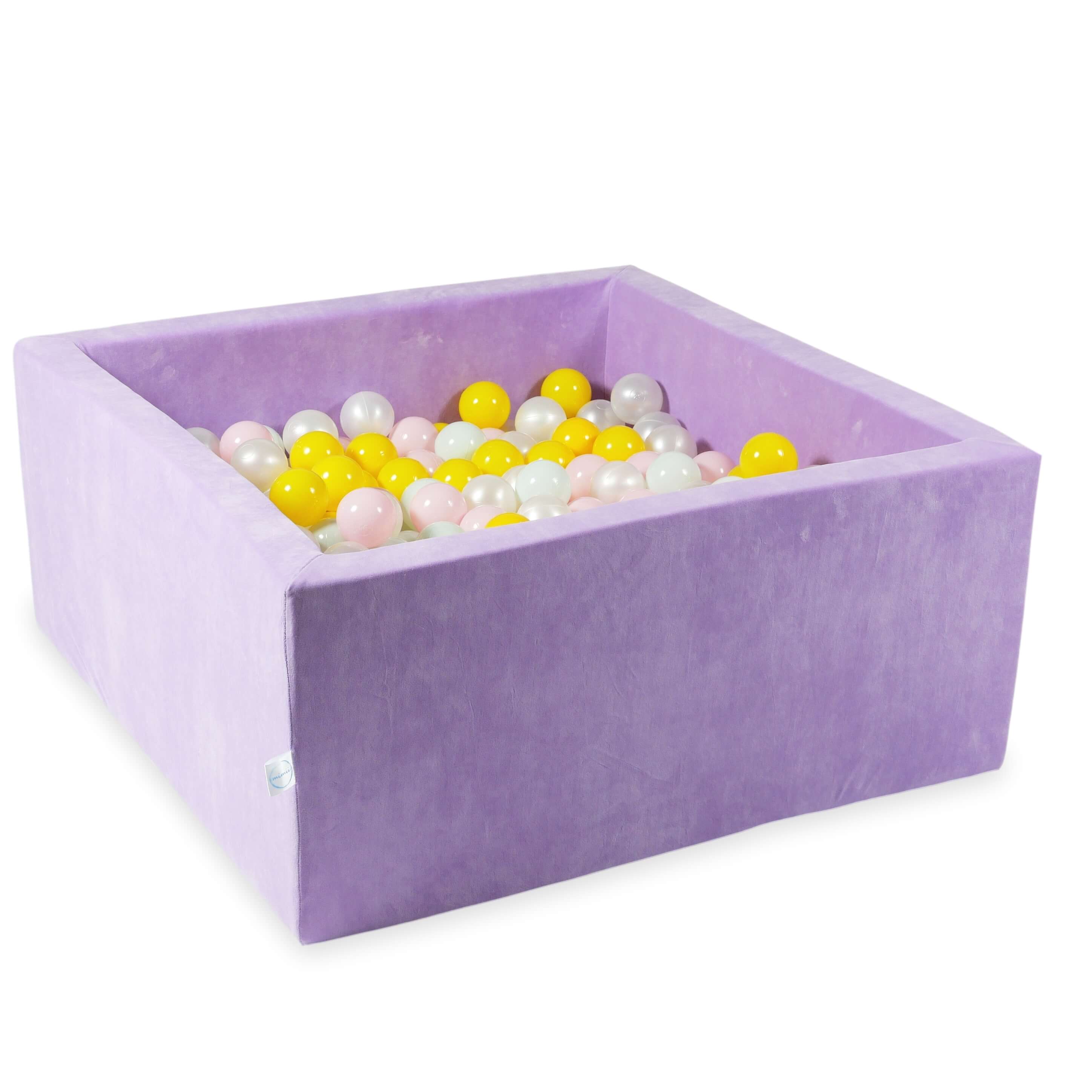 Square ball pit 90x90x40 cm in velvet soft Lilac, 400 balls