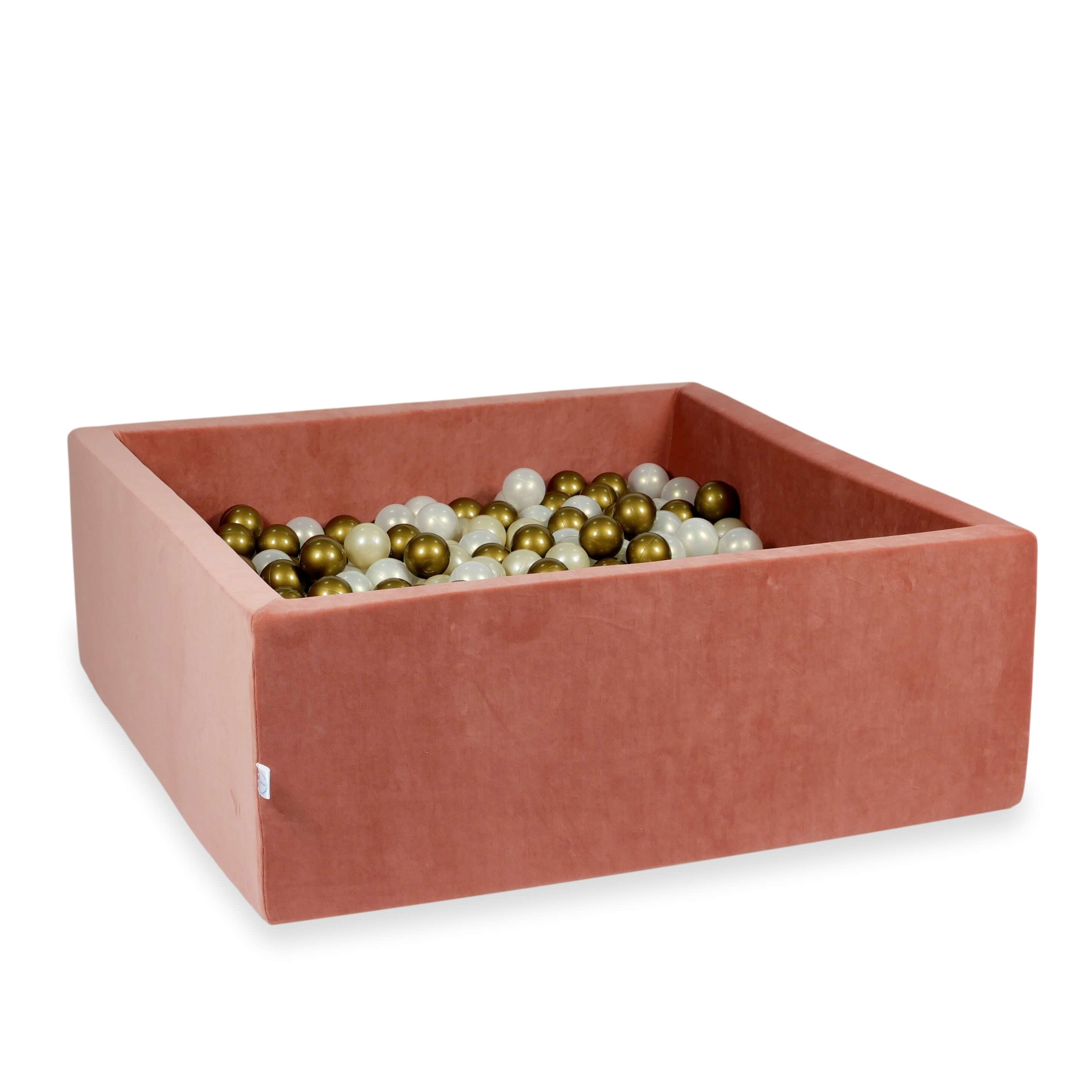 Square ball pit 110x110x40 cm in canyon clay soft velvet, 600 balls
