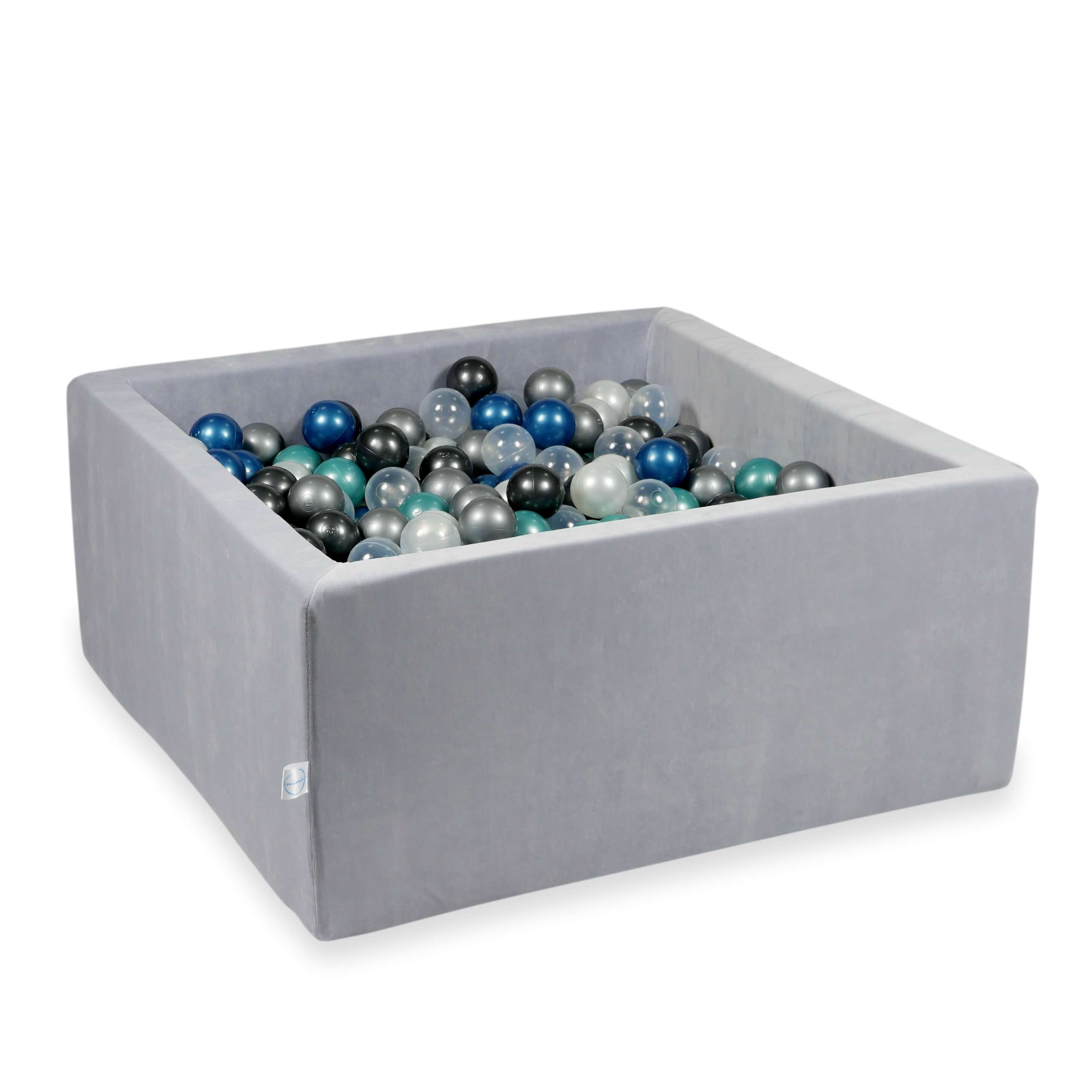Square ball pit 90x90x40 cm in light gray soft velvet, 400 balls