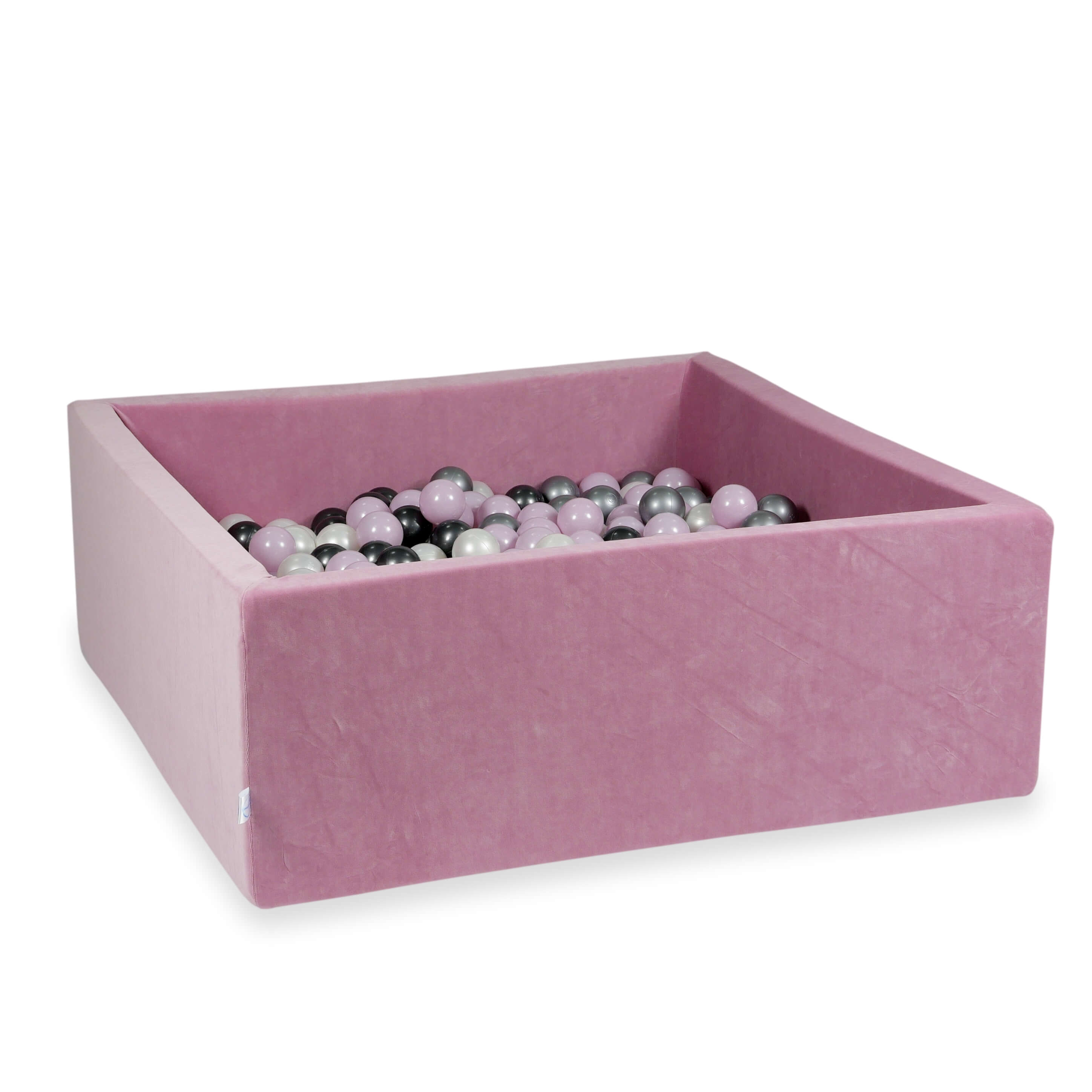Square ball pit 110x110x40 cm in pink soft velvet, 600 balls