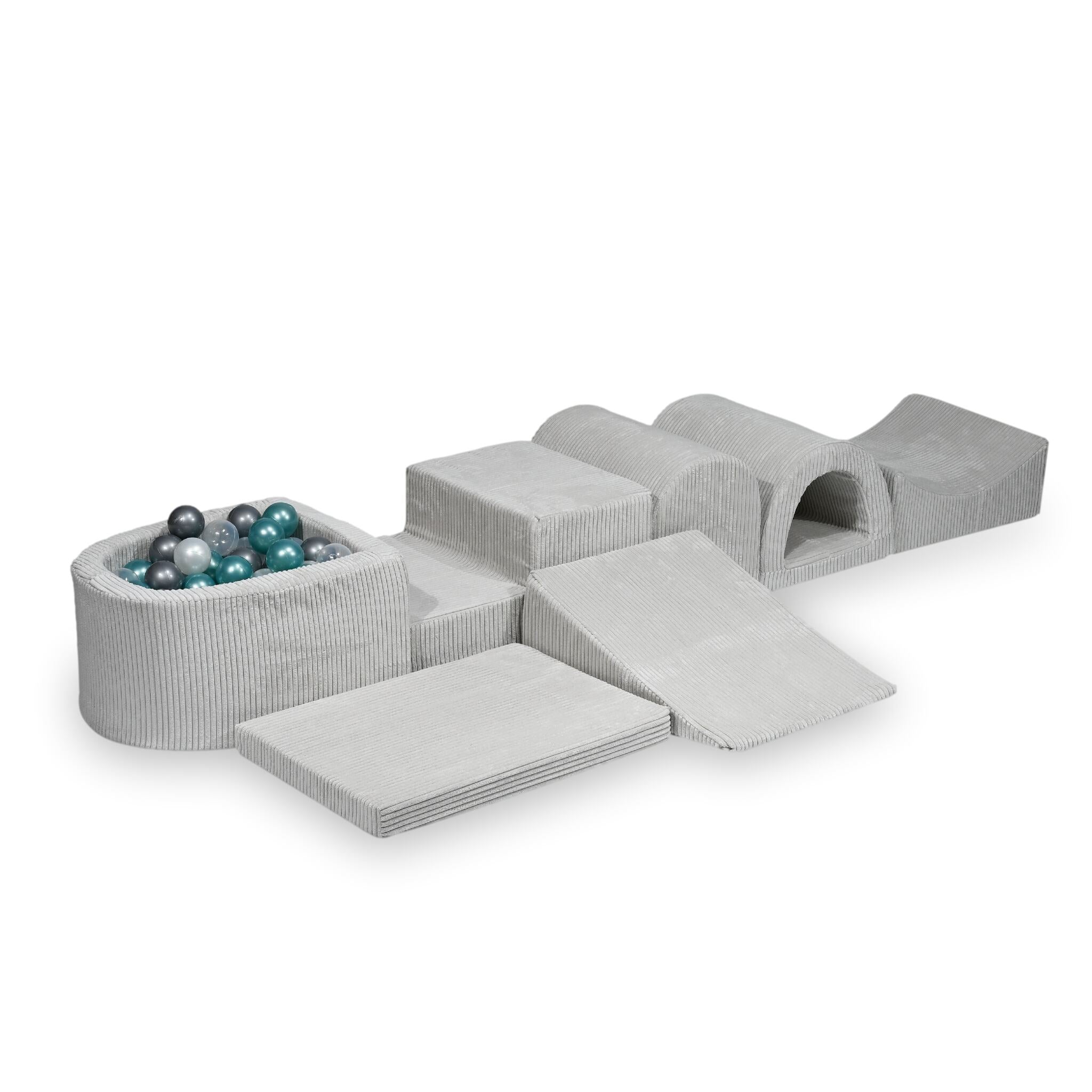 Largest foam play area with gray micro corduroy ball pit + 100 balls