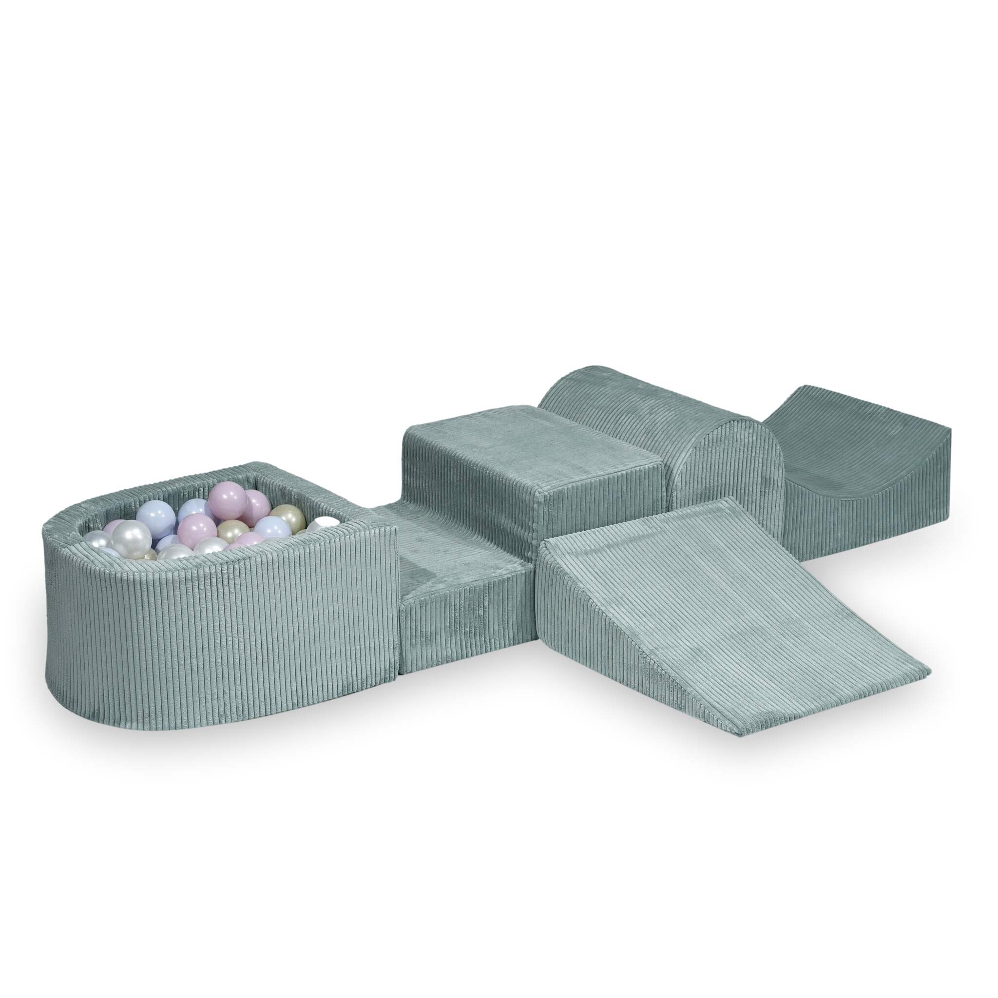 Foam playground with hill and micro corduroy light mint pool + 100 balls
