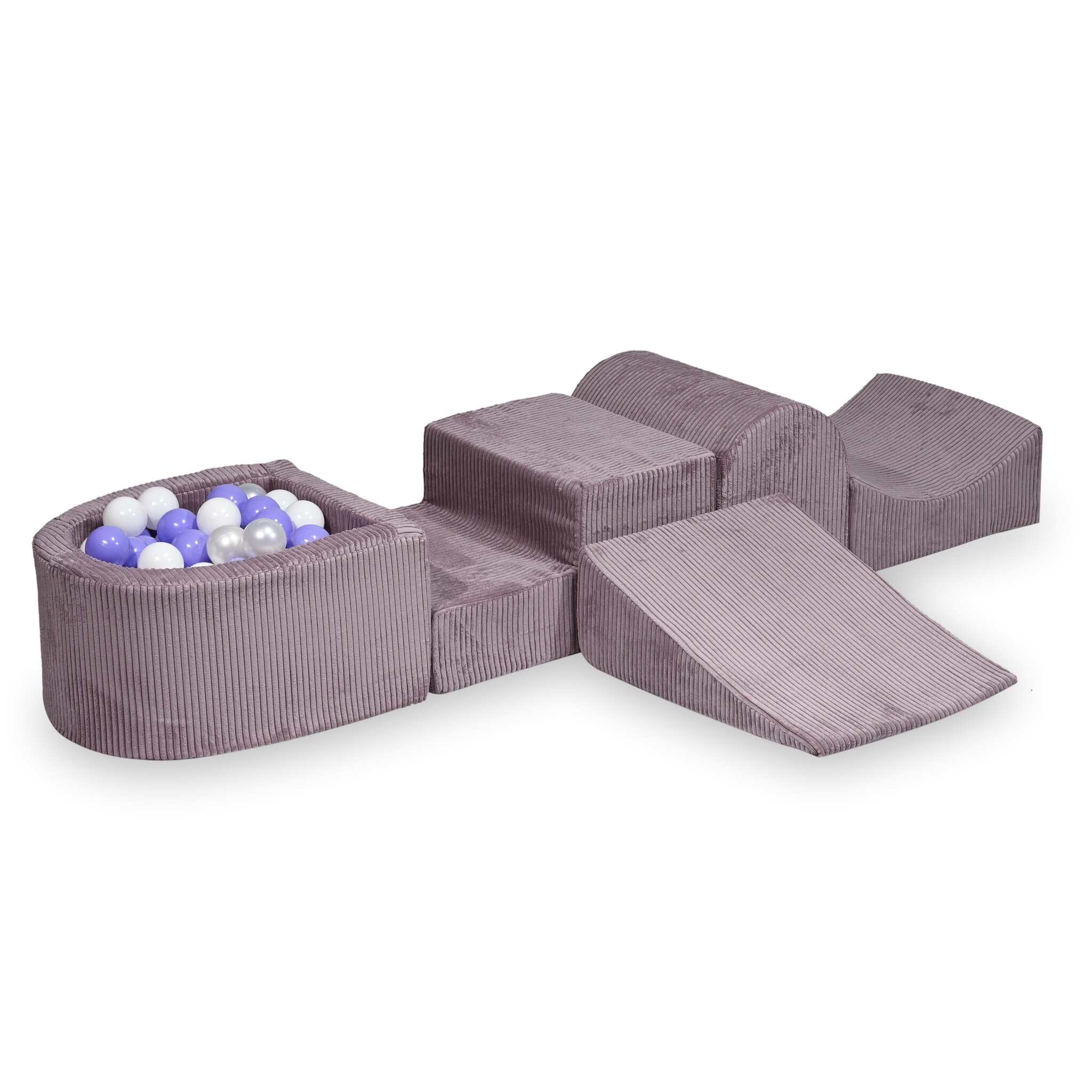 Aire de jeux en mousse avec colline et piscine micro velours côtelé lavende + 100 balles