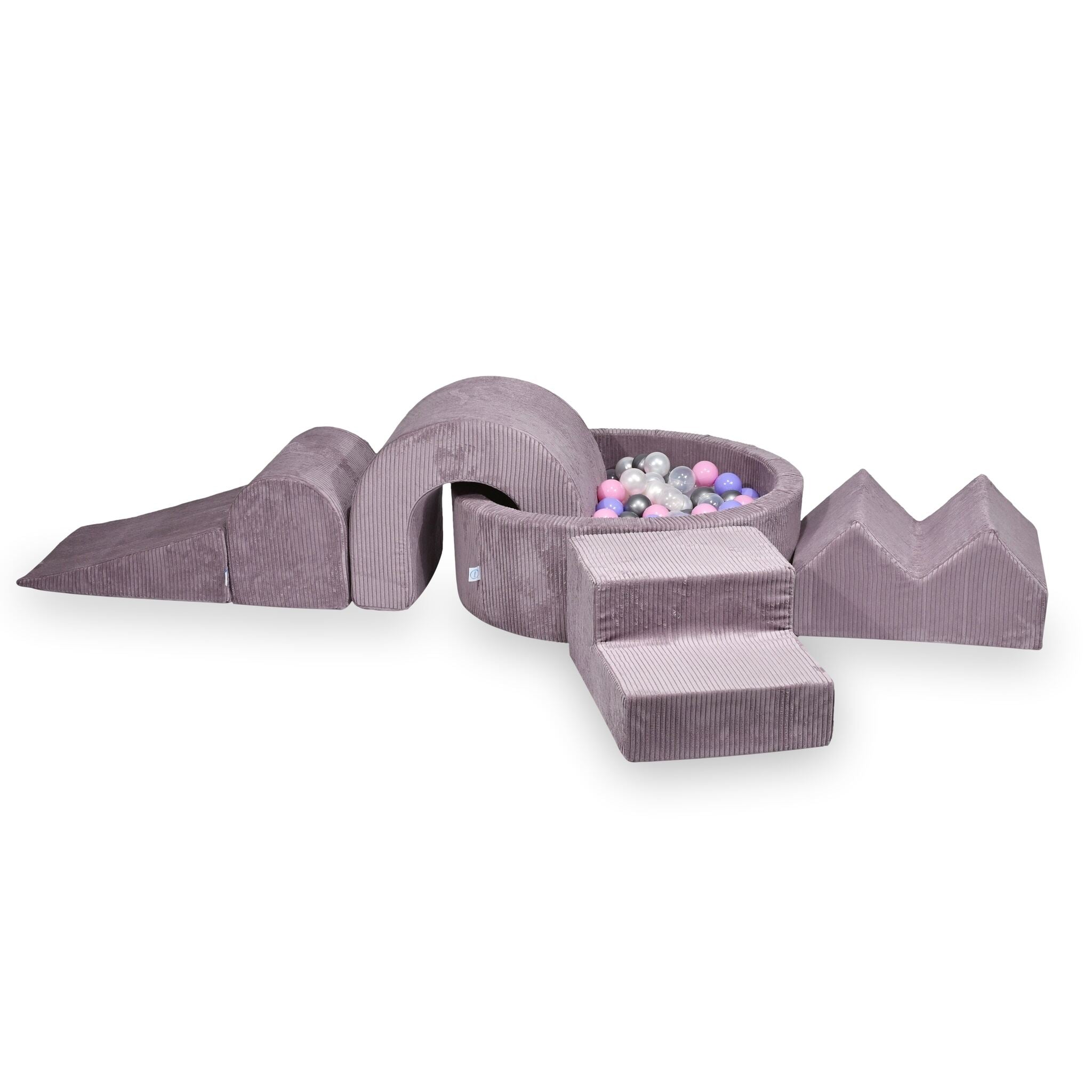 Schaumstoffspielbereich mit rundem, geripptem, lavendelfarbenem Pool (90 x 30 cm) + 5 Spielelementen + 200 BĂ€llen
