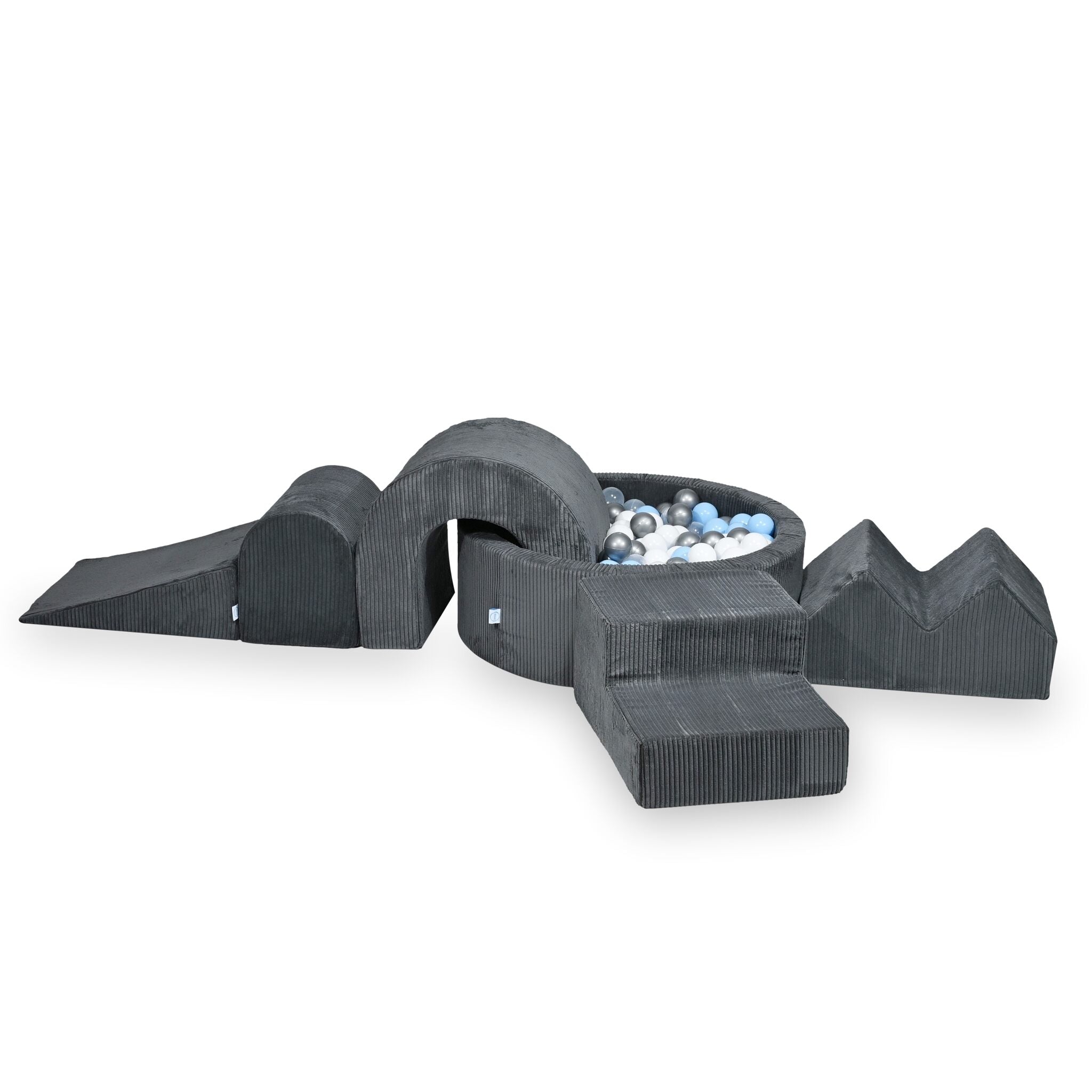 Foam play area with round pool 90x30 ribbed graphite + 5 elements + 200 balls