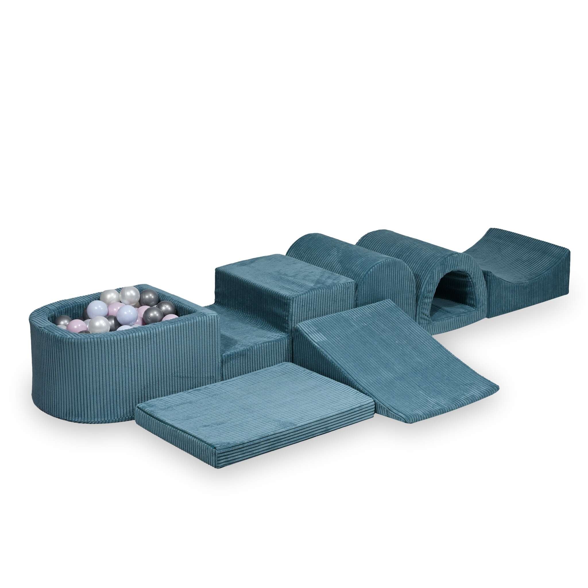 Largest foam play area with blue micro corduroy ball pit + 100 balls