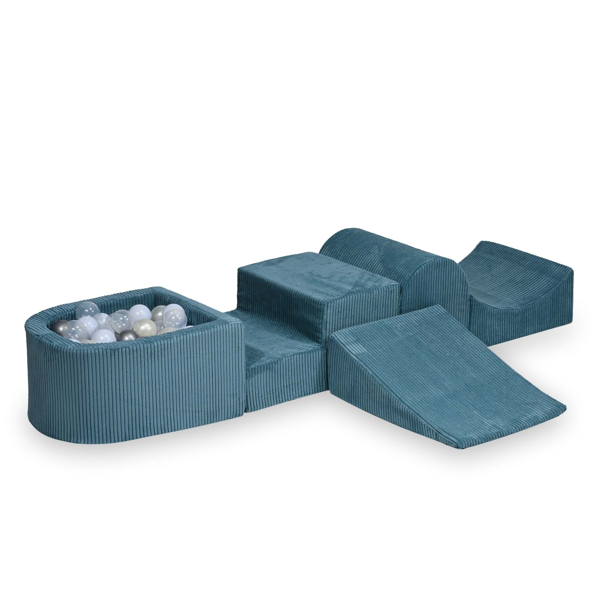 Aire de jeux en mousse avec colline et piscine micro velours côtelé bleu + 100 balles