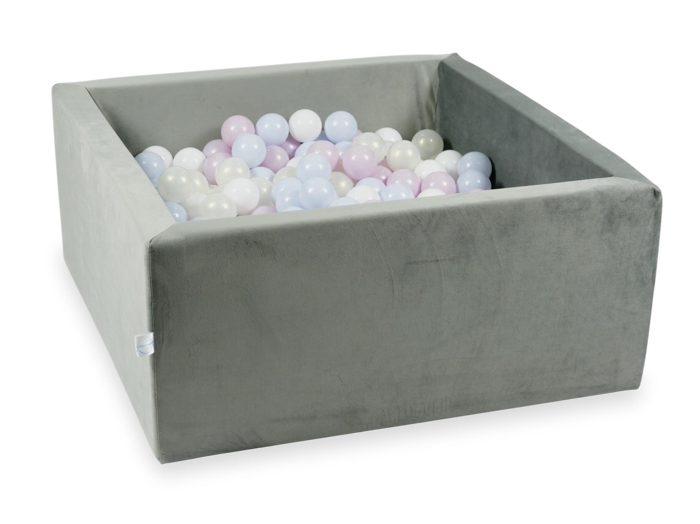 Square ball pit 90x90x40 cm in gray velvet velvet, 400 balls