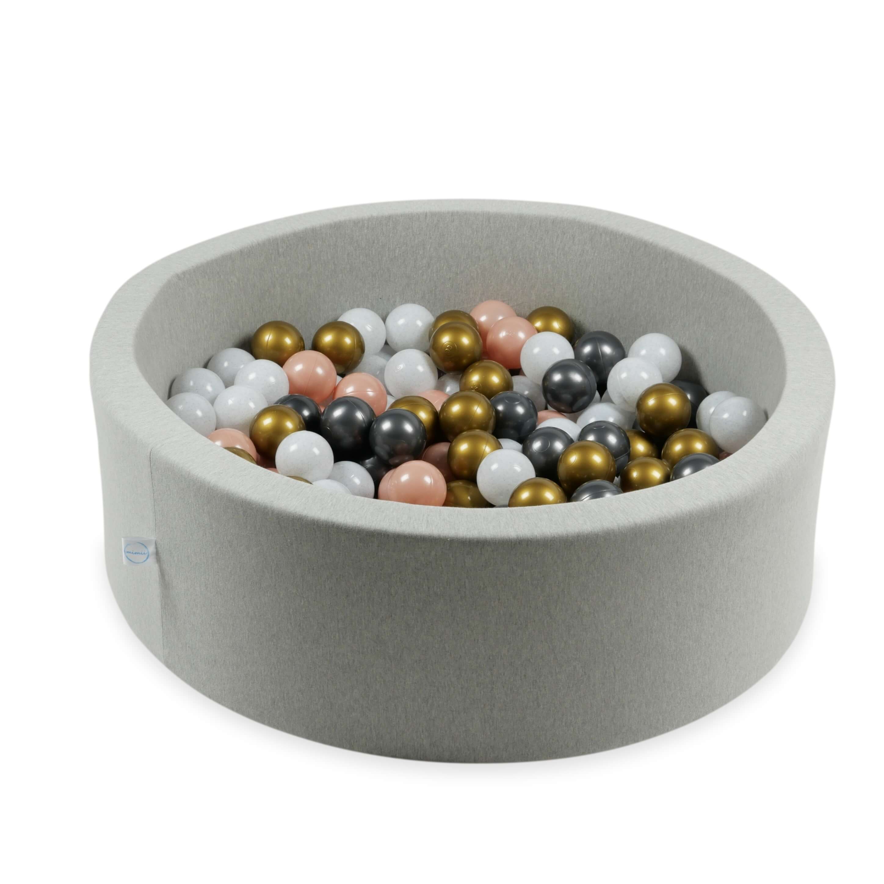 25 Spielbälle mit 7 cm Durchmesser in Weiß, Metallic-Graphit, Roségold und Antikgold.