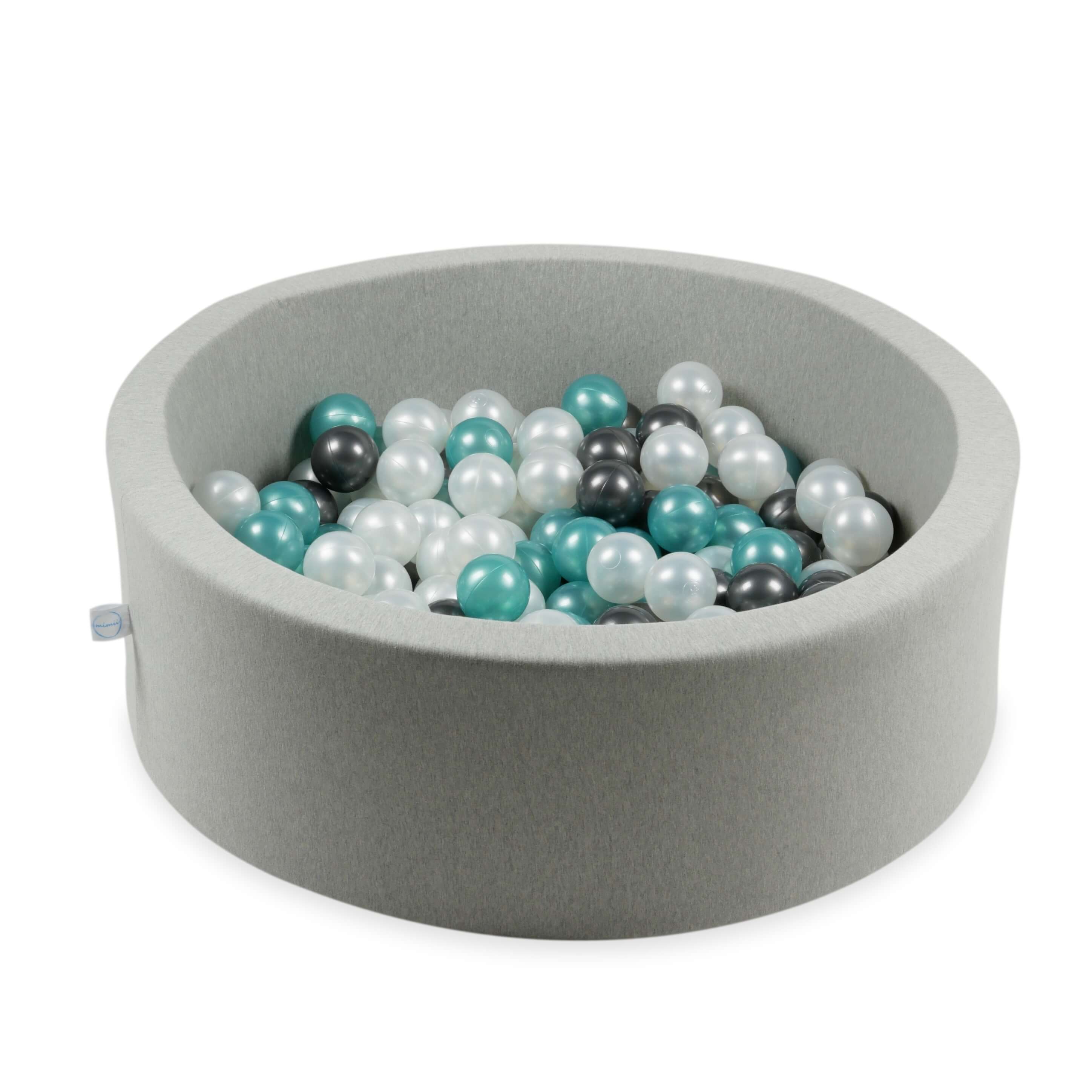 400 Spielbälle mit 7 cm Durchmesser in den Farben Perlmutt, Metallic-Türkis und Metallic-Graphit.