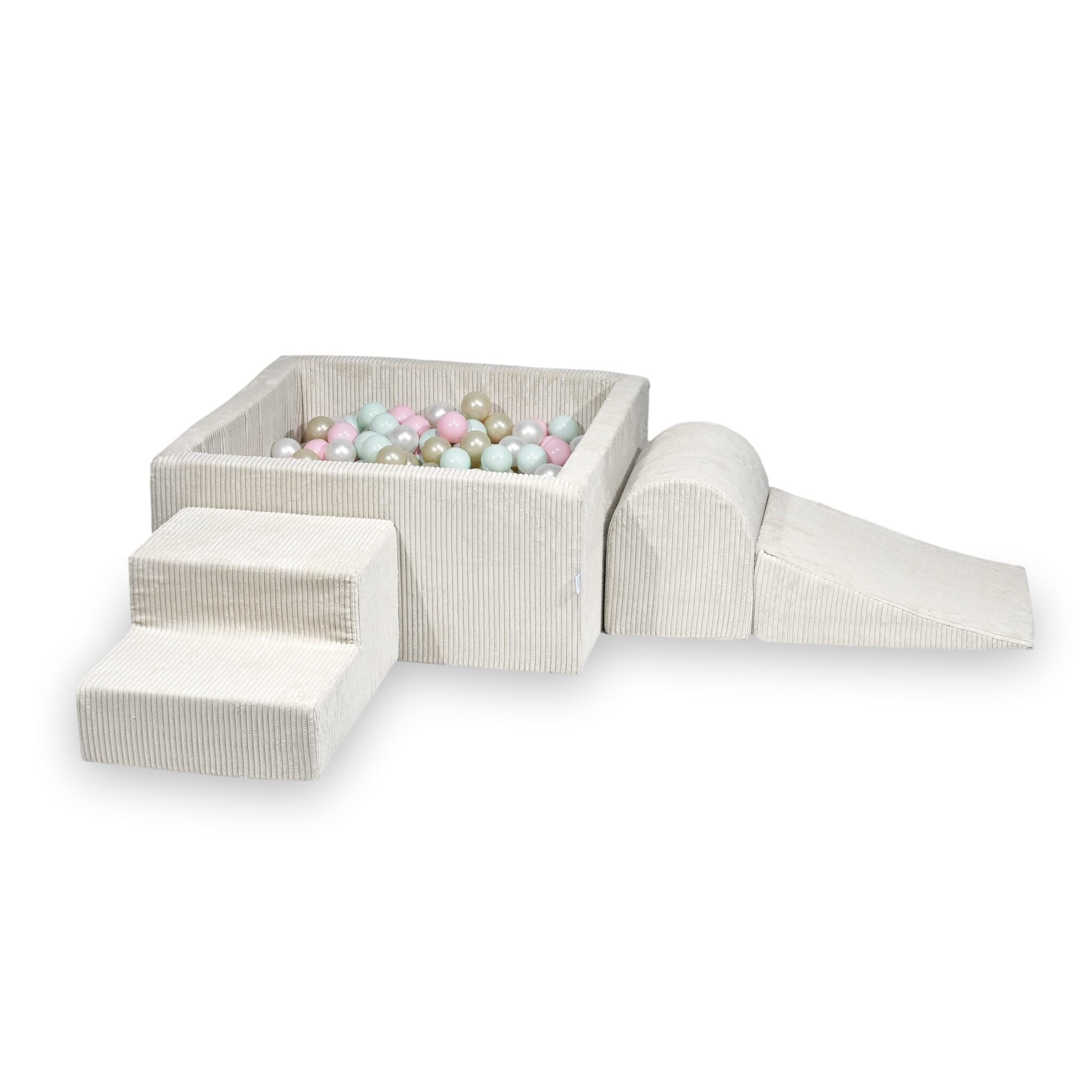 Schaumstoff-Spielbereich mit quadratischem Bällebad, Kinderspielset 90x90x40 Cord beige + 400 Bälle