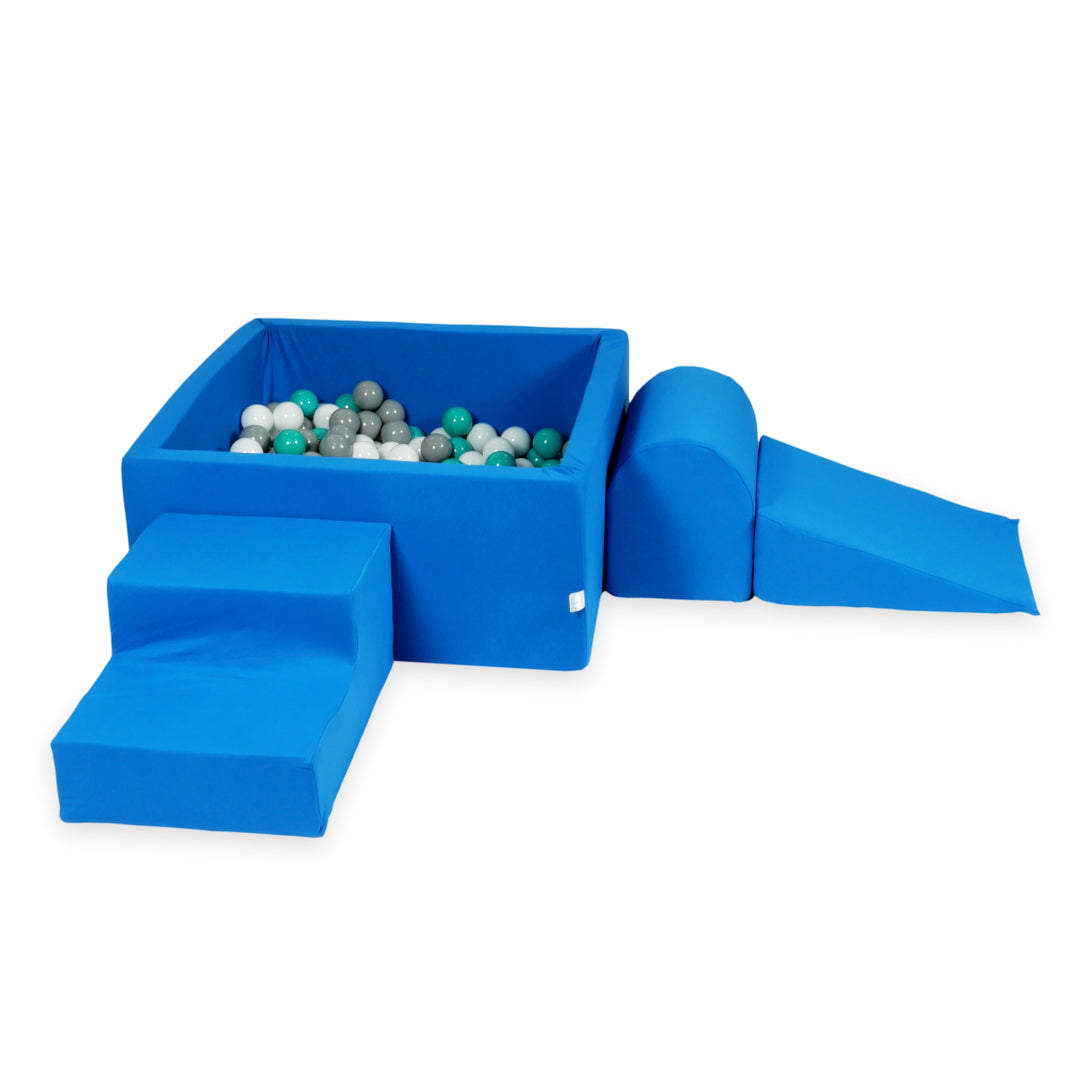 Schaumstoffspielbereich mit Hügel und blauem Mini-Pool + 100 Bälle (türkis, weiß, grau)
