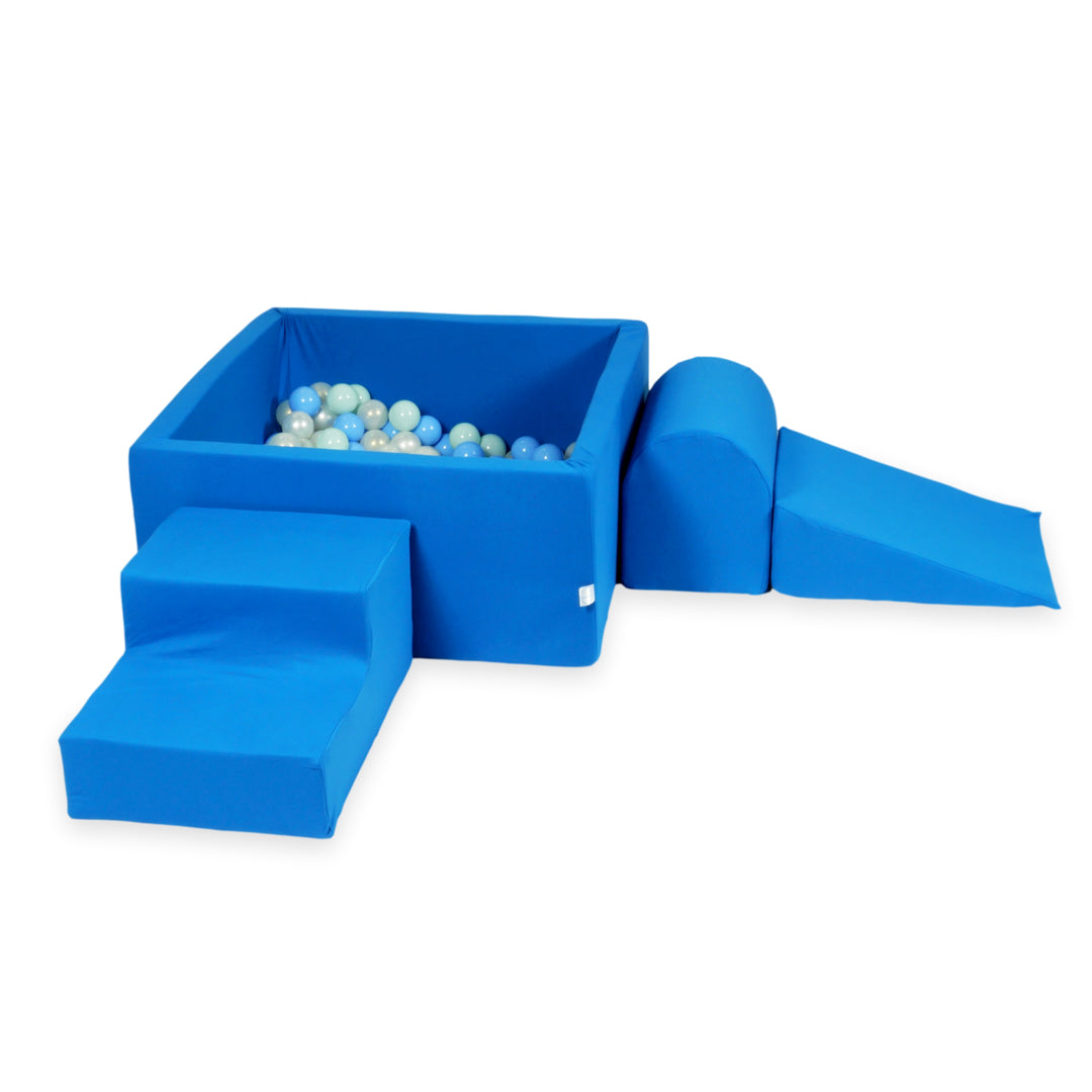 Schaumstoffspielbereich mit Hügel und blauem Mini-Pool + 100 Bälle (türkis, weiß, grau)