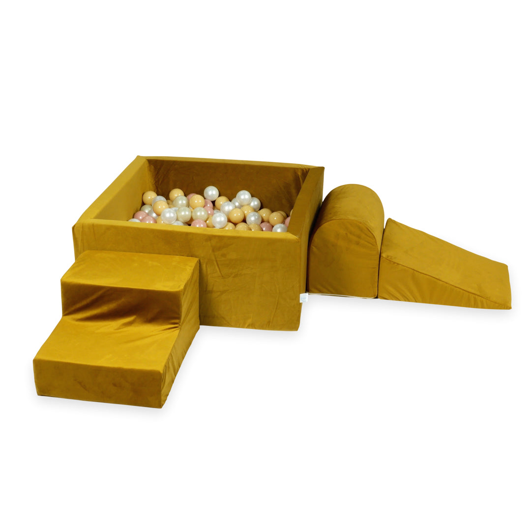 Schaumstoffspielbereich mit Hügel und Mikro-Samt-Goldpool + 100 Bälle (hellgold, perlmuttfarben, silber, transparent)