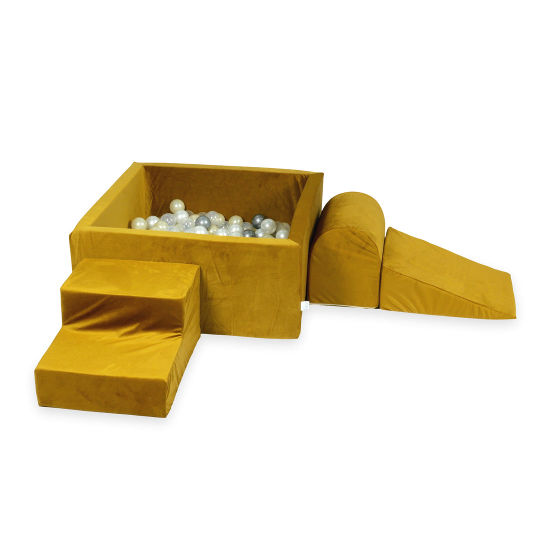 Schaumstoffspielbereich mit Hügel und Mikro-Samt-Goldpool + 100 Bälle (hellgold, perlmuttfarben, silber, transparent)