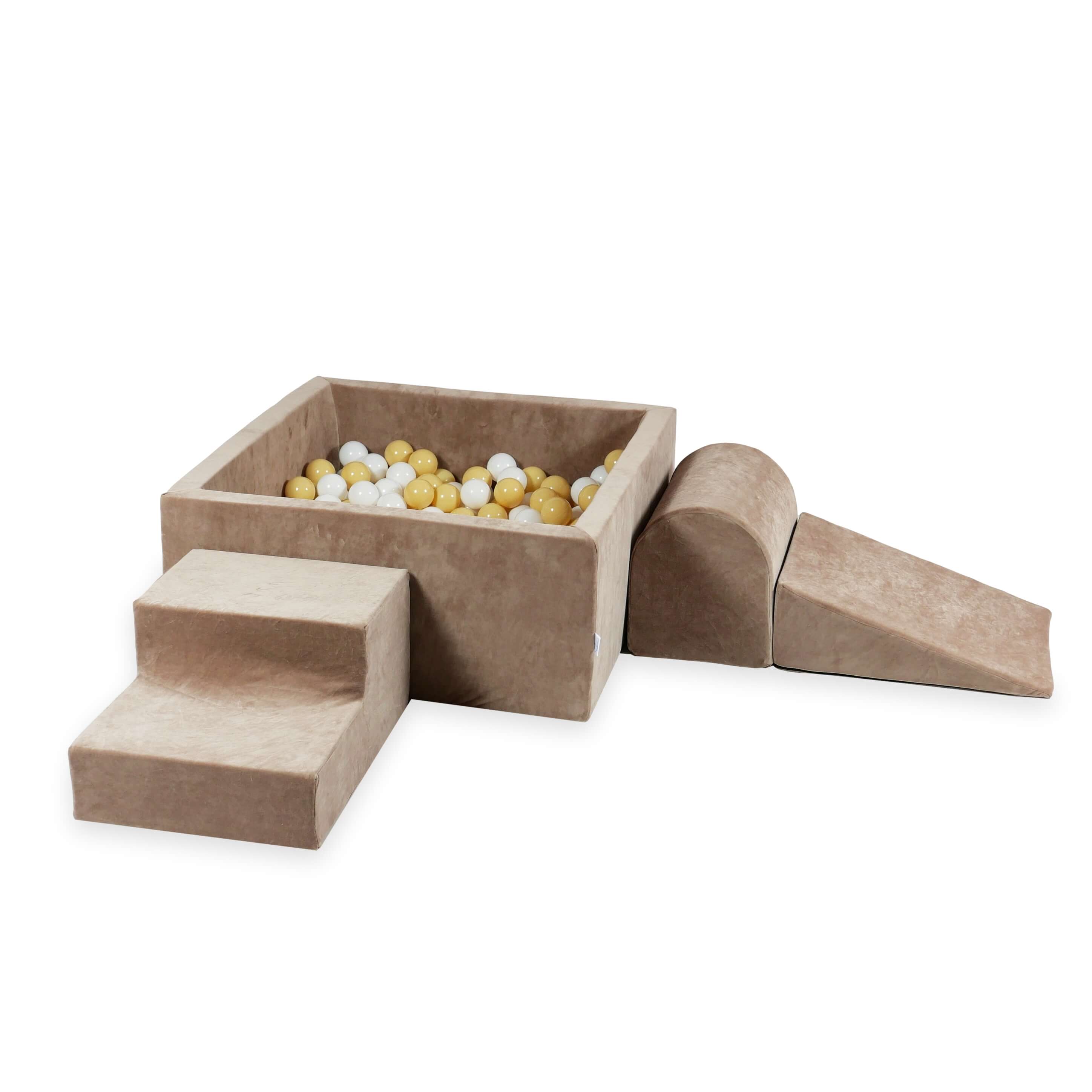 Schaumstoff-Spielbereich mit quadratischem Bällebad, Kinderspielset 90x90x40 cm, samtweich, braun + 400 Bälle