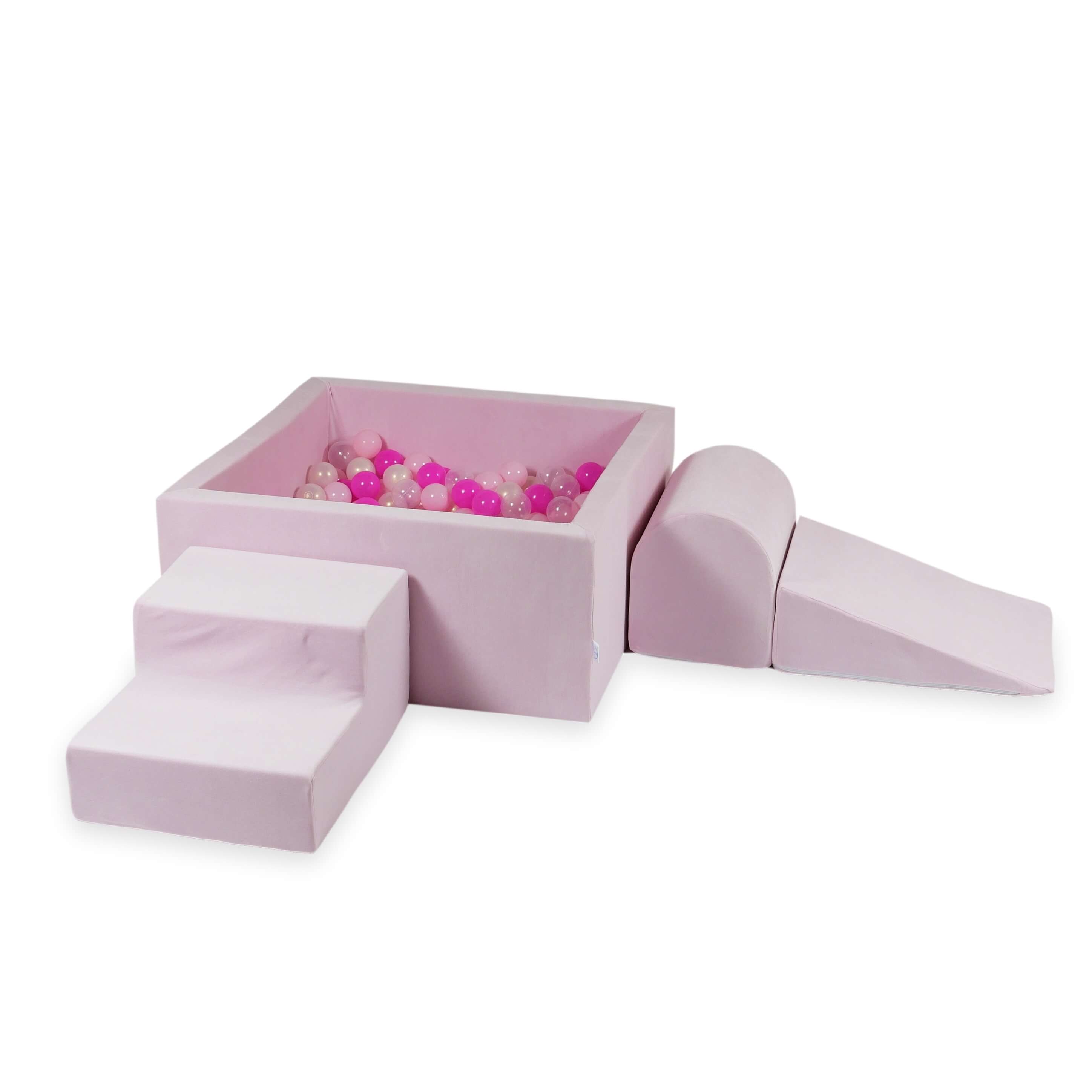 Aire de jeux en mousse avec piscine à balles carrée set de jeu enfant 90x90x40 velvet soft light pink + 400 balles