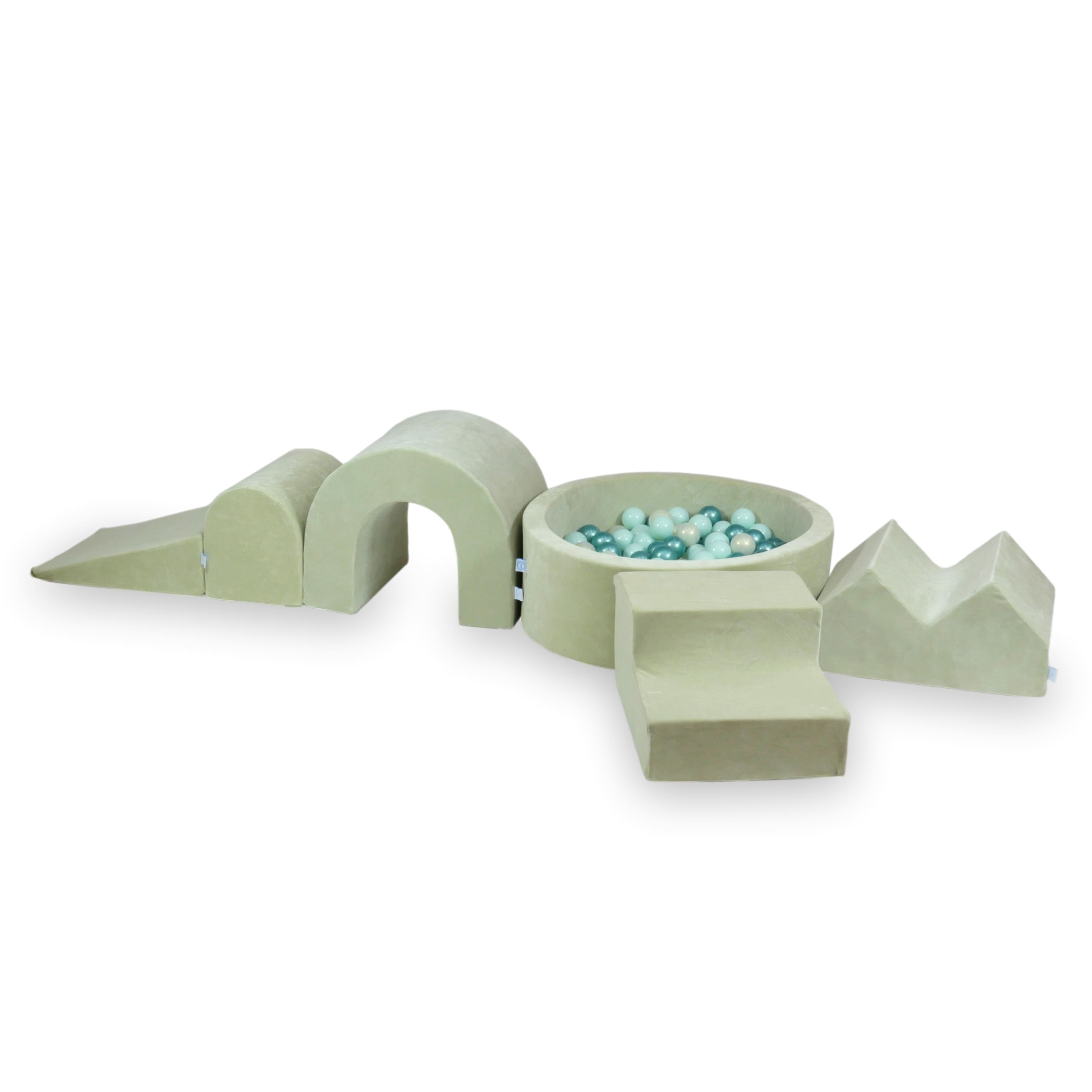 Foam play area with round pool 90x30 velvet soft pistachio + 5 elements + 200 balls