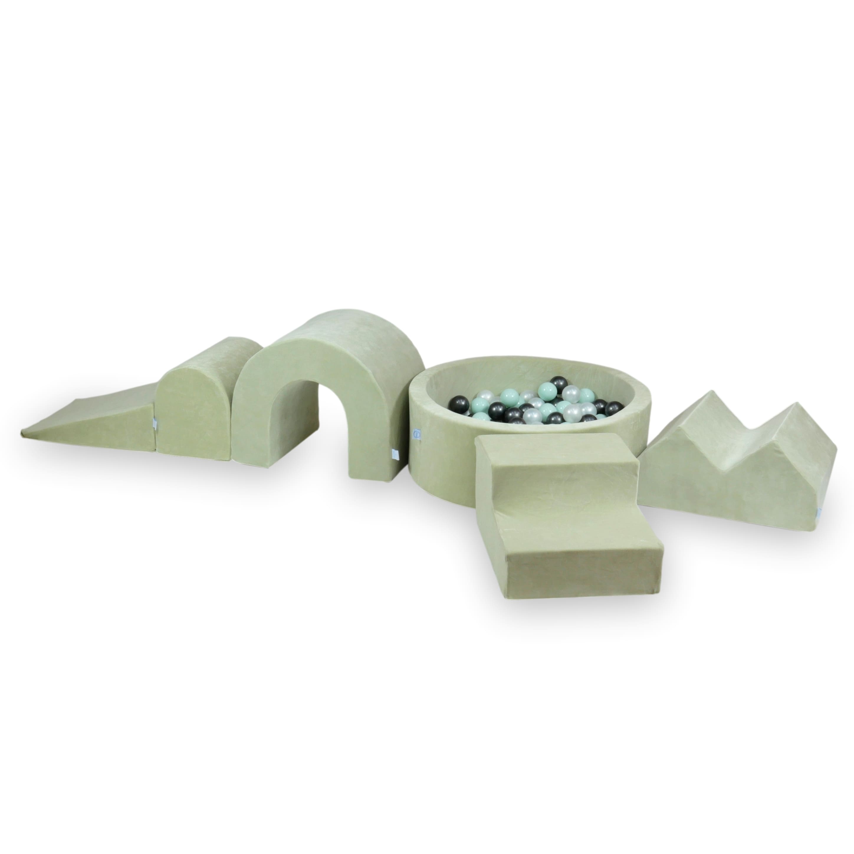 Foam play area with round pool 90x30 velvet soft pistachio + 5 elements + 200 balls