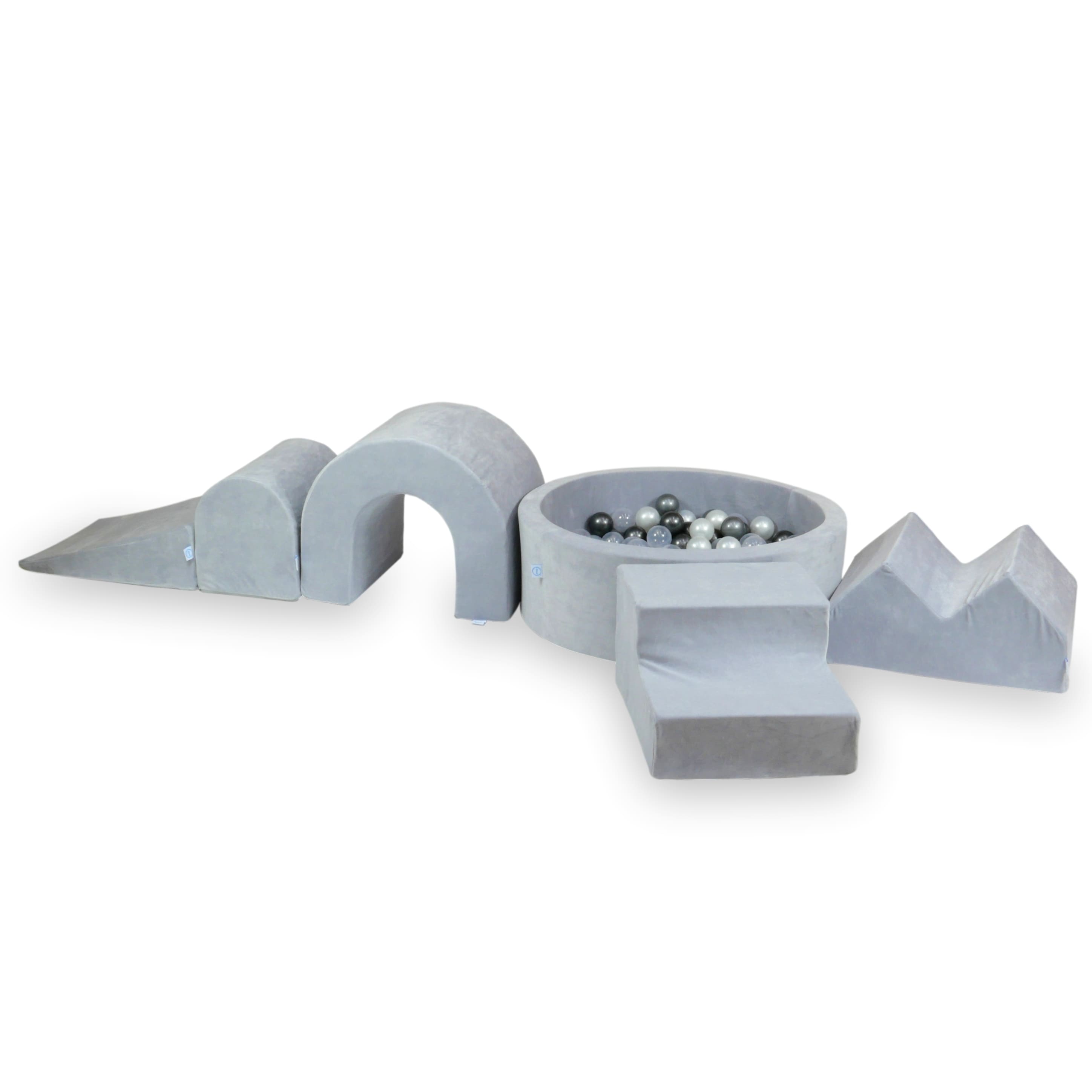 Foam play area with round pool 90x30 velvet soft light gray + 5 elements + 200 balls