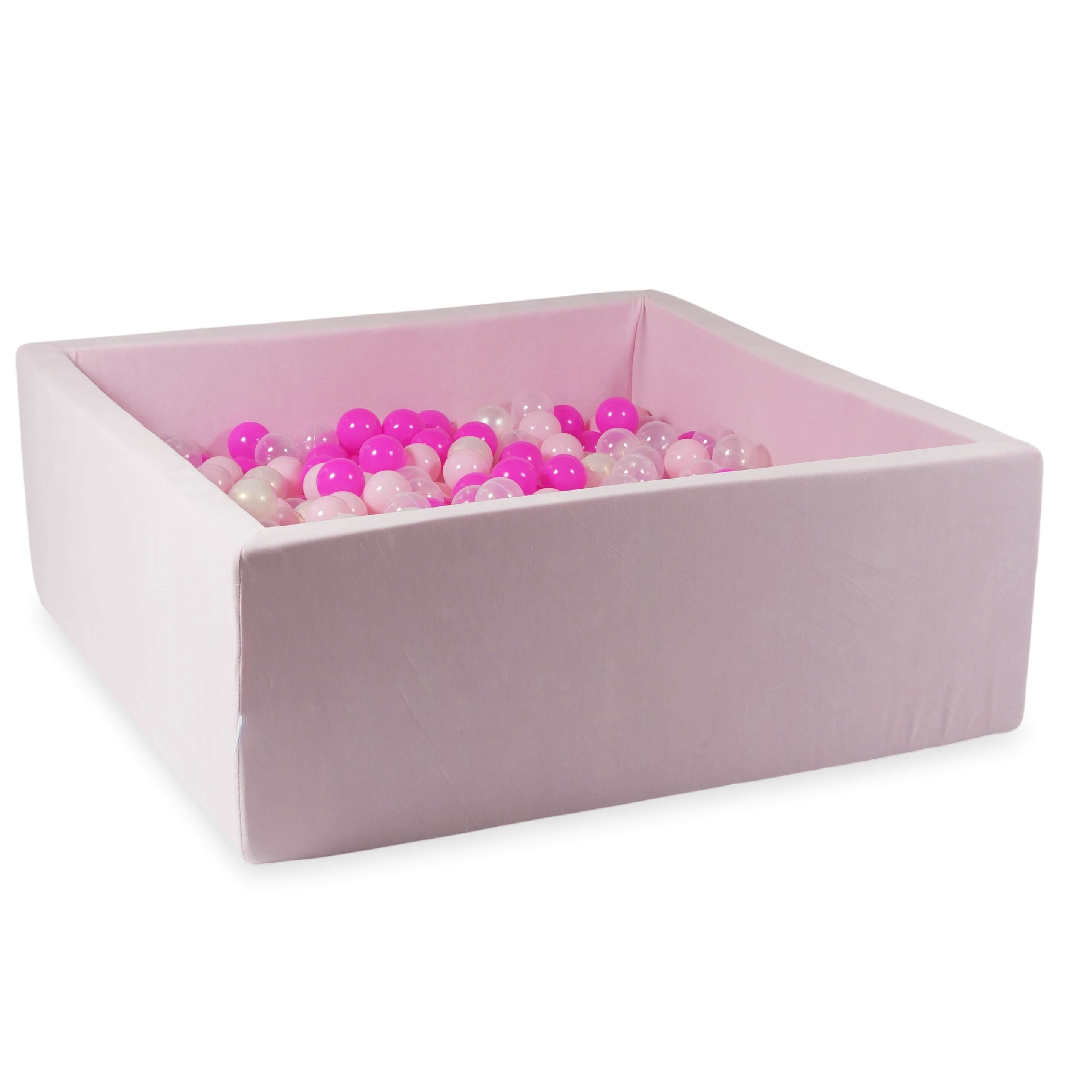 Square ball pit 110x110x40 cm in light pink soft velvet, 600 balls