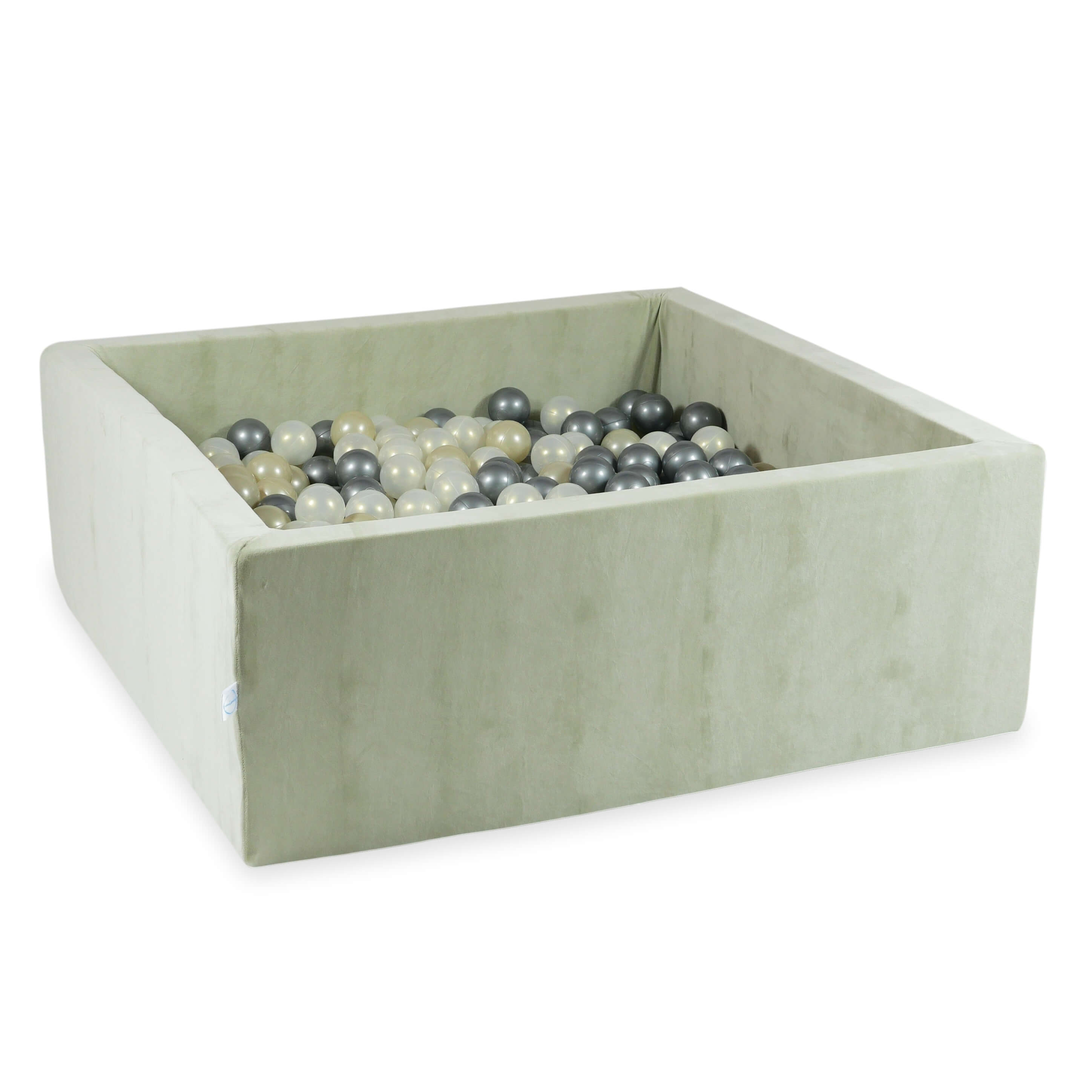 Square ball pit 110x110x40 cm in pistachio soft velvet, 600 balls
