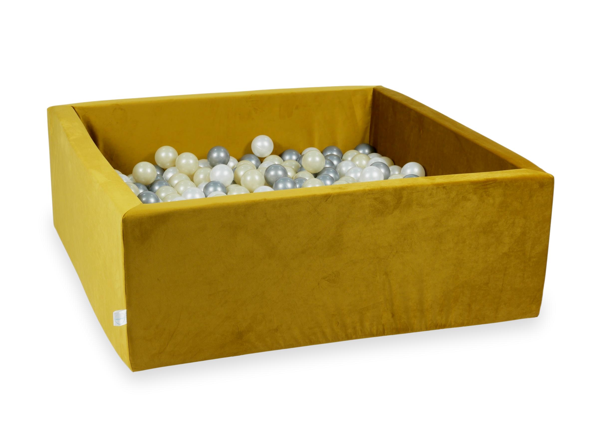 Bällebad quadratisch 110x110x40 cm aus Samt Velvet Gold, 600 Bälle