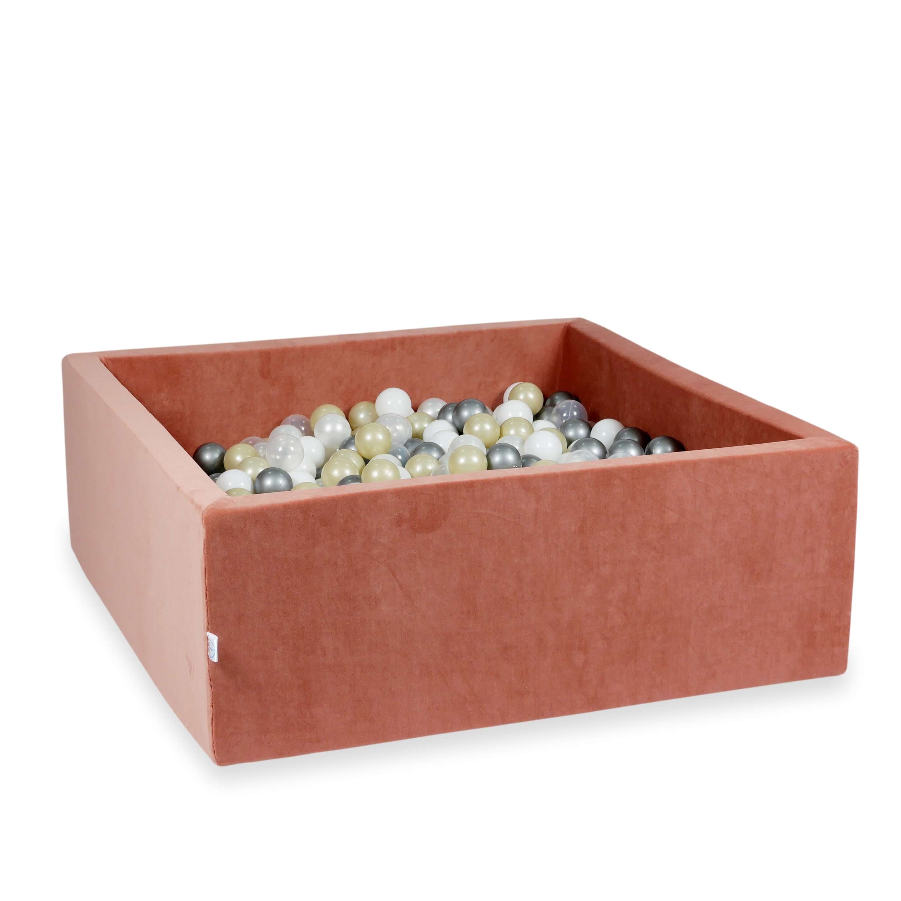 Square ball pit 110x110x40 cm in canyon clay soft velvet, 600 balls
