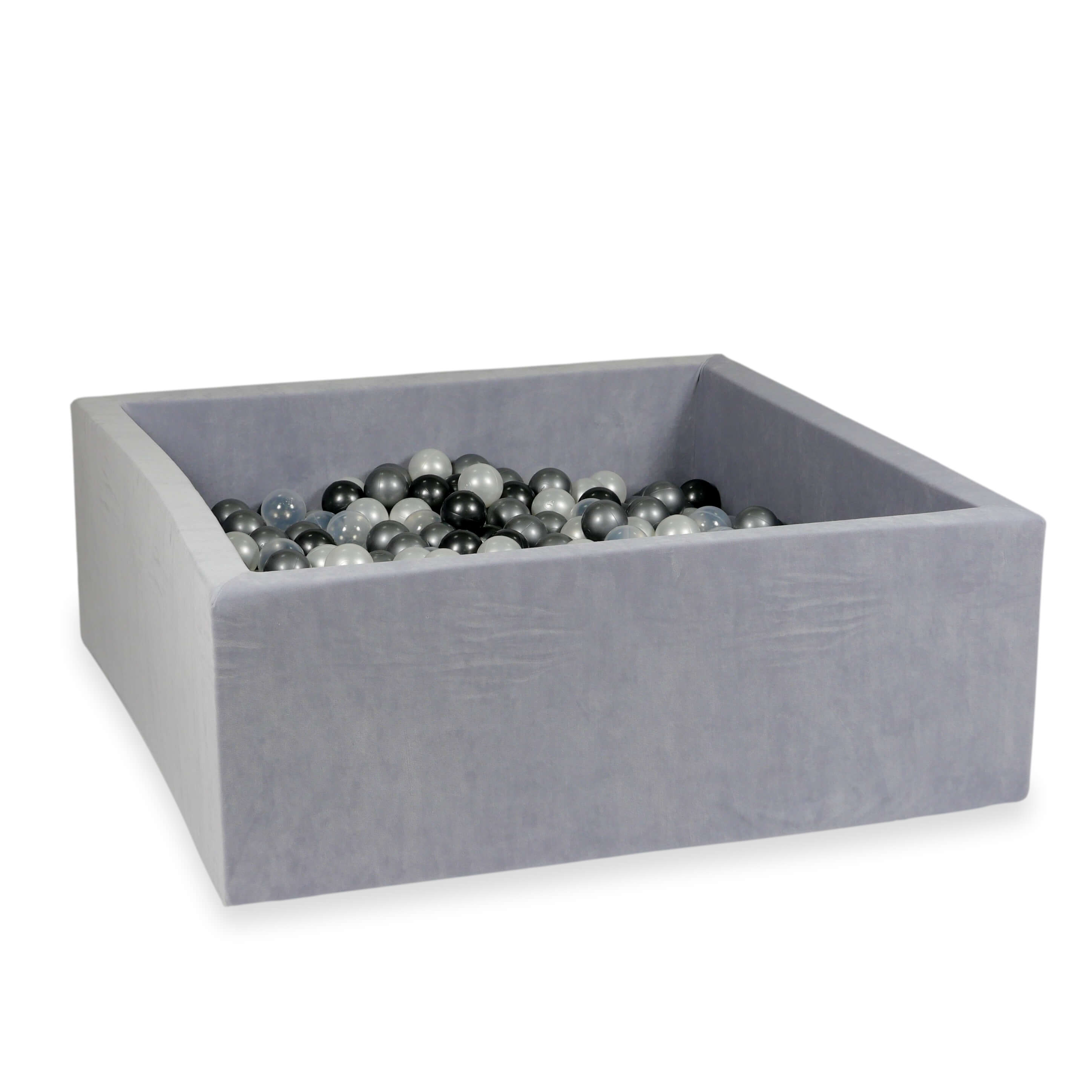 Square ball pit 110x110x40 cm in light gray soft velvet, 600 balls