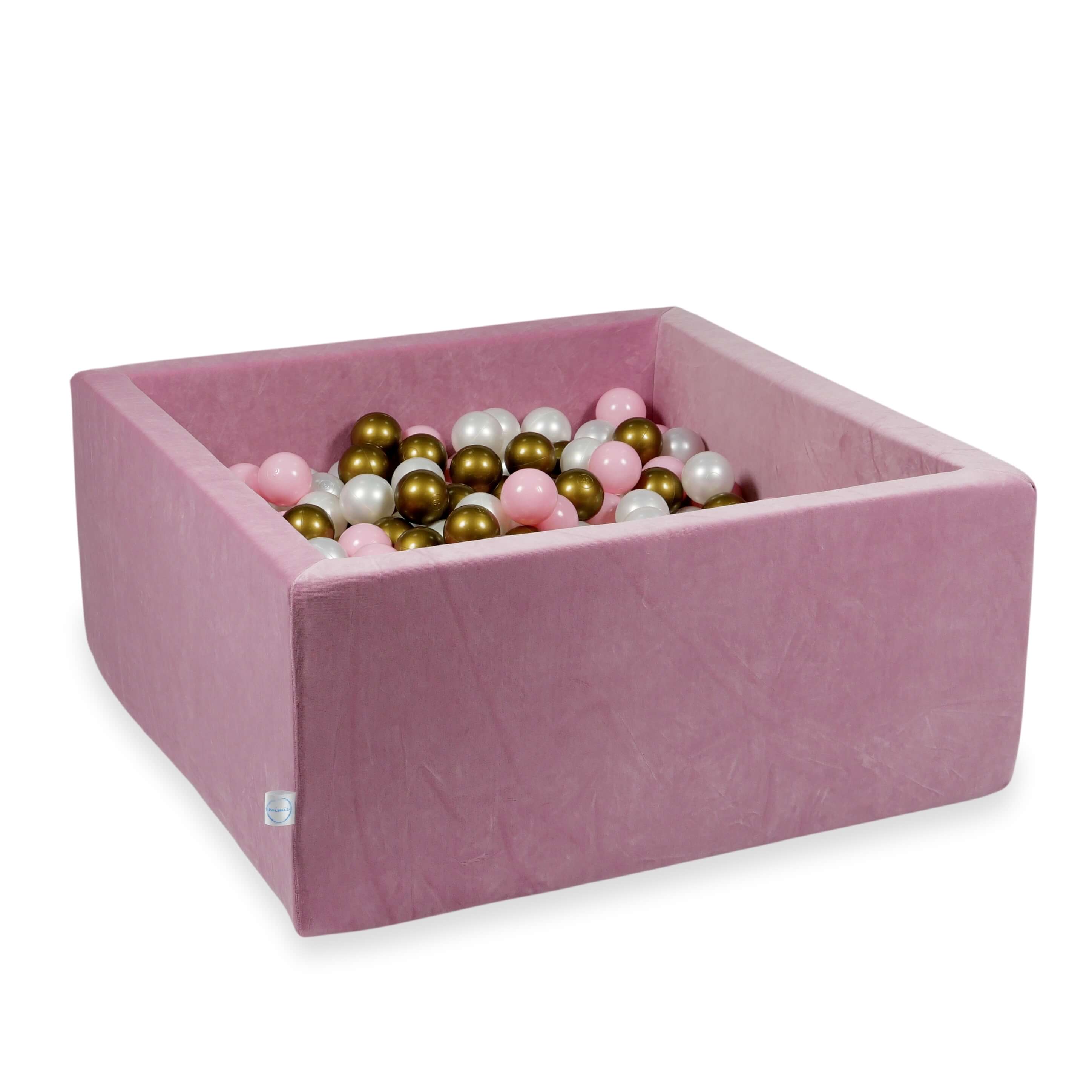 Square ball pit 90x90x40 cm in soft pink velvet, 400 balls