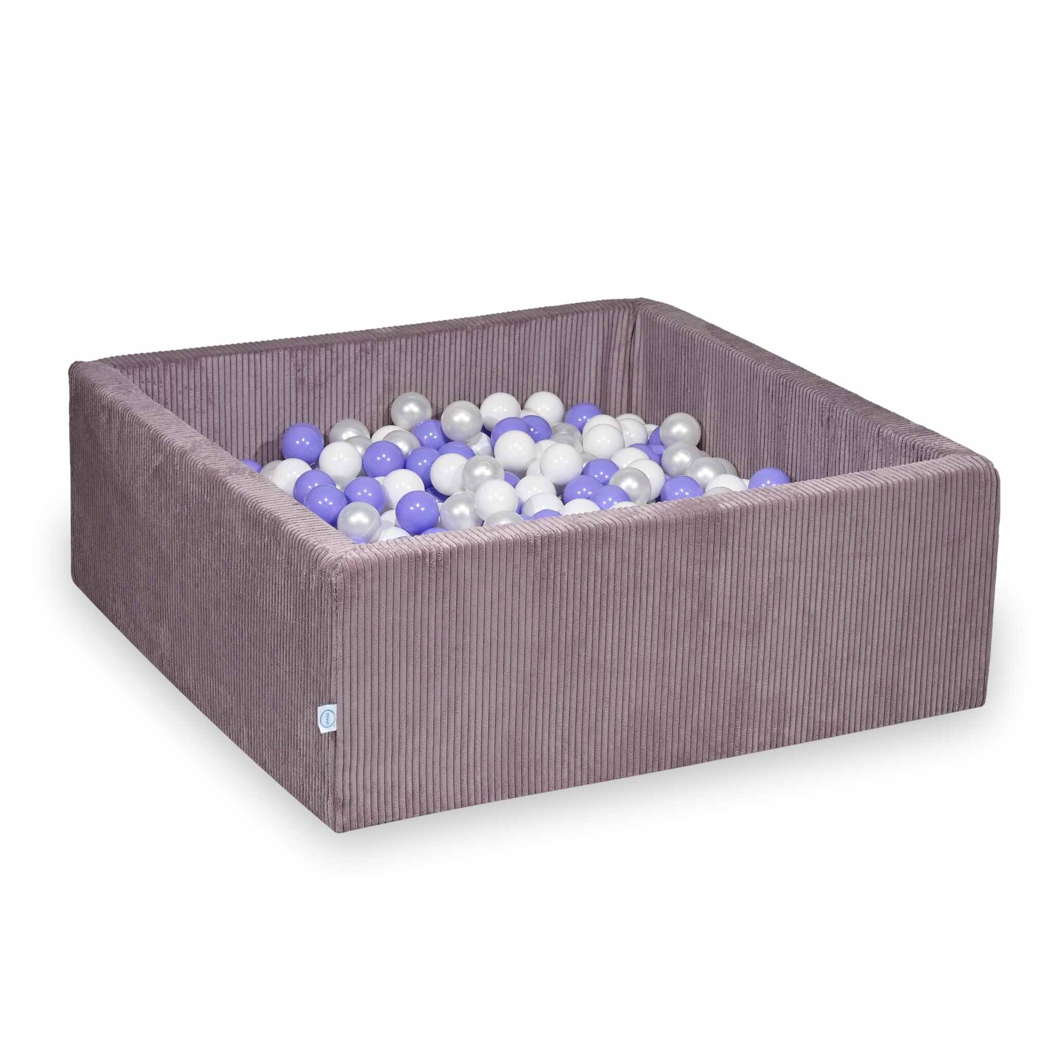 Bällebad eckig 110x110x40 cm aus Cord Lavendel, 600 Bälle