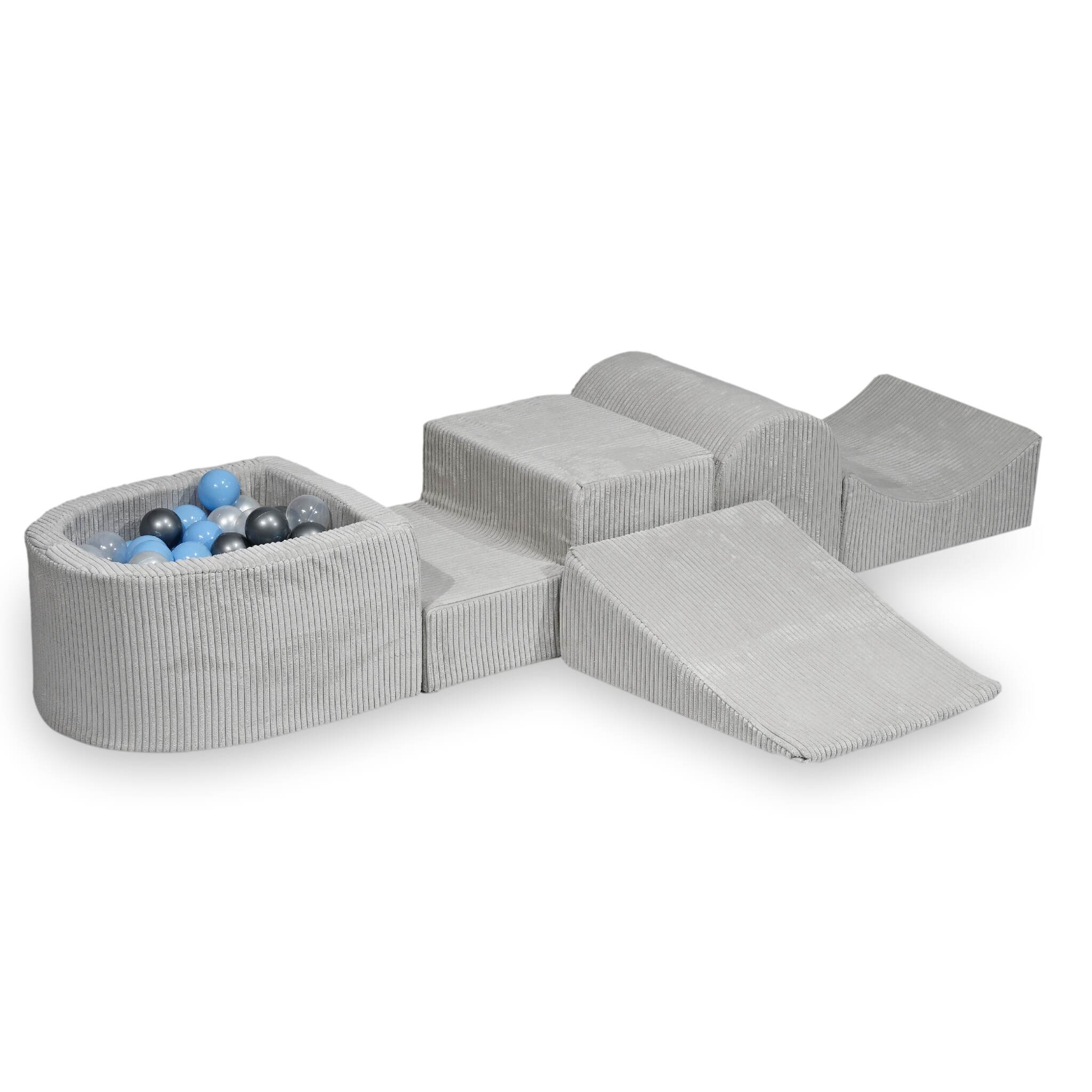 Spielplatz aus Schaumstoff mit Hügel und Pool aus grauem Mikro-Cord + 100 Bälle