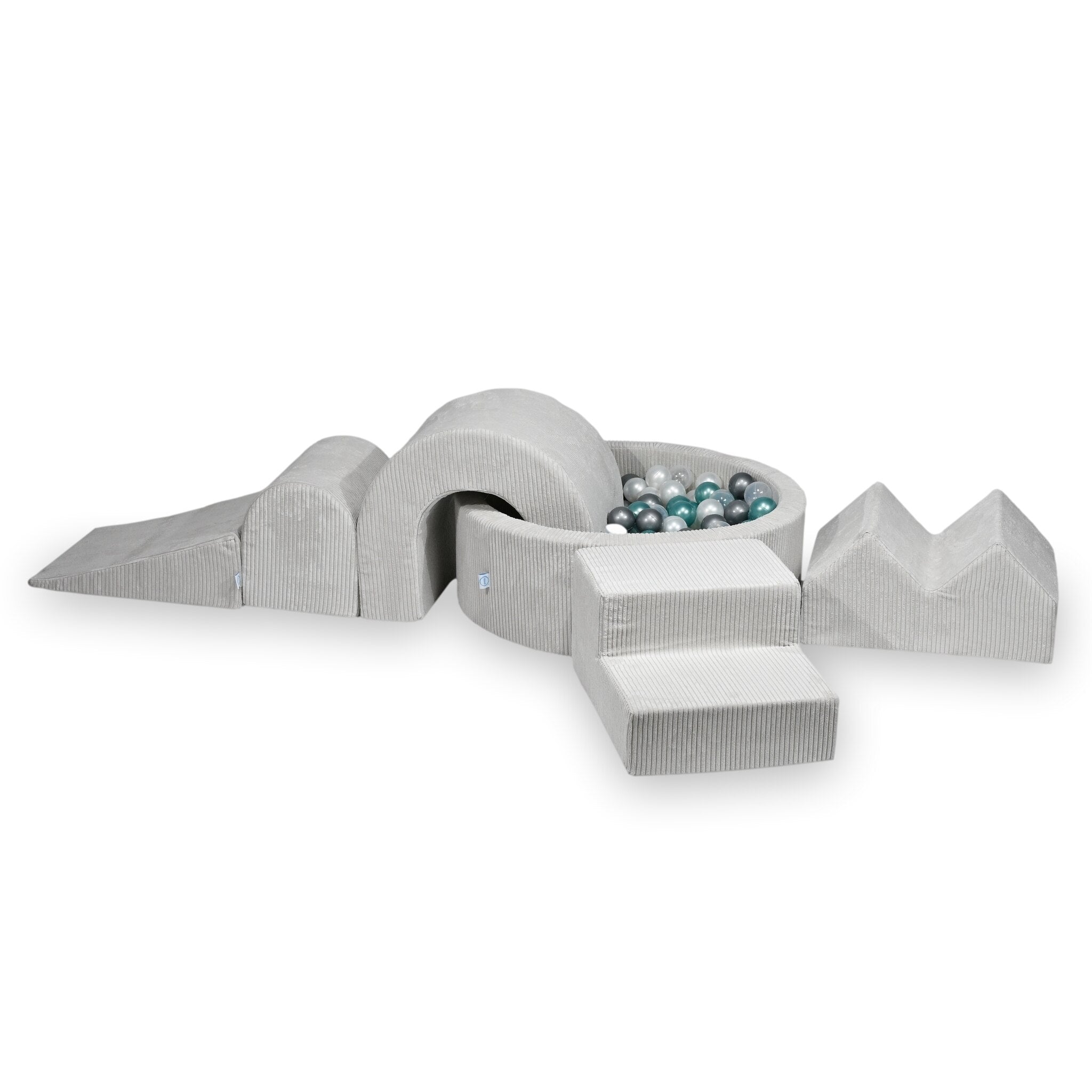 Foam play area with round pool 90x30 ribbed gray + 5 elements + 200 balls