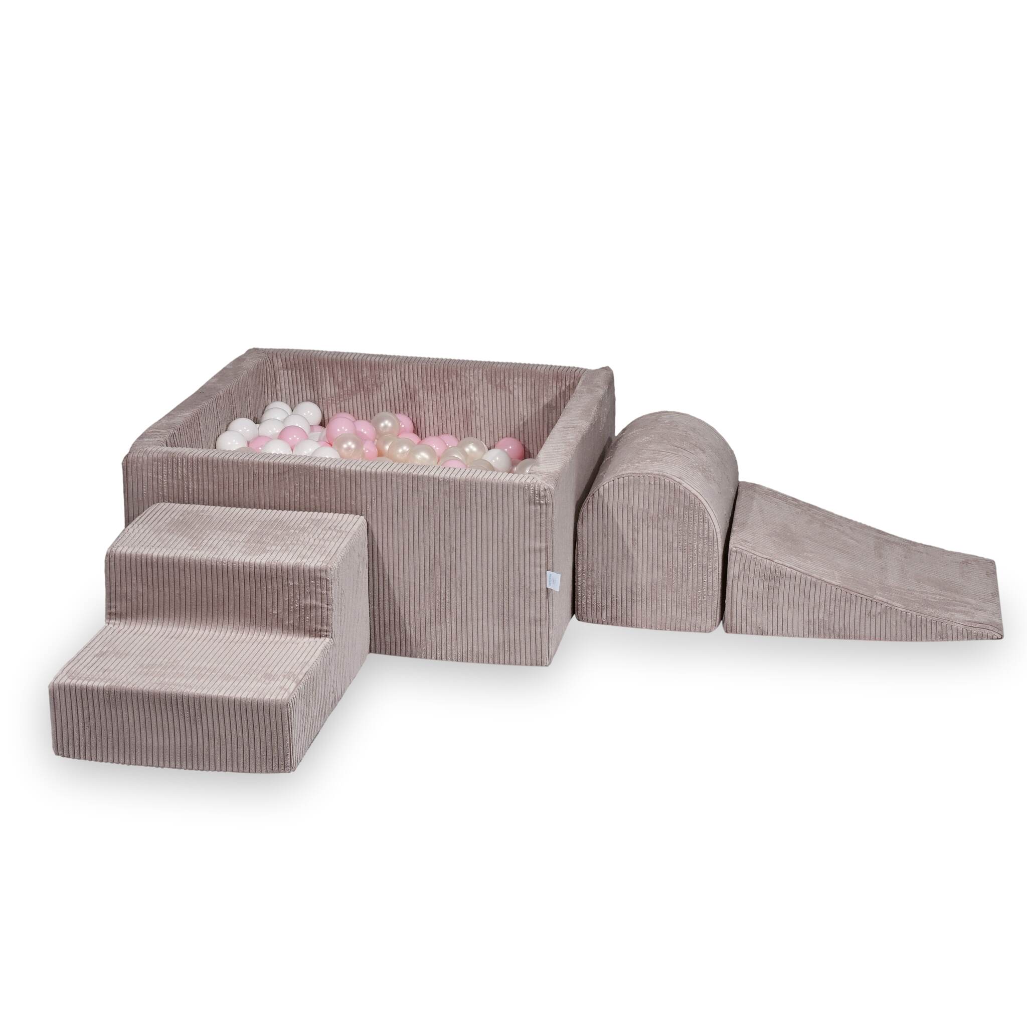 Spielplatz aus Schaumstoff mit quadratischem Bällebad, Kinderspielset 90x90x40 aus hellrosa Cord + 400 Bälle