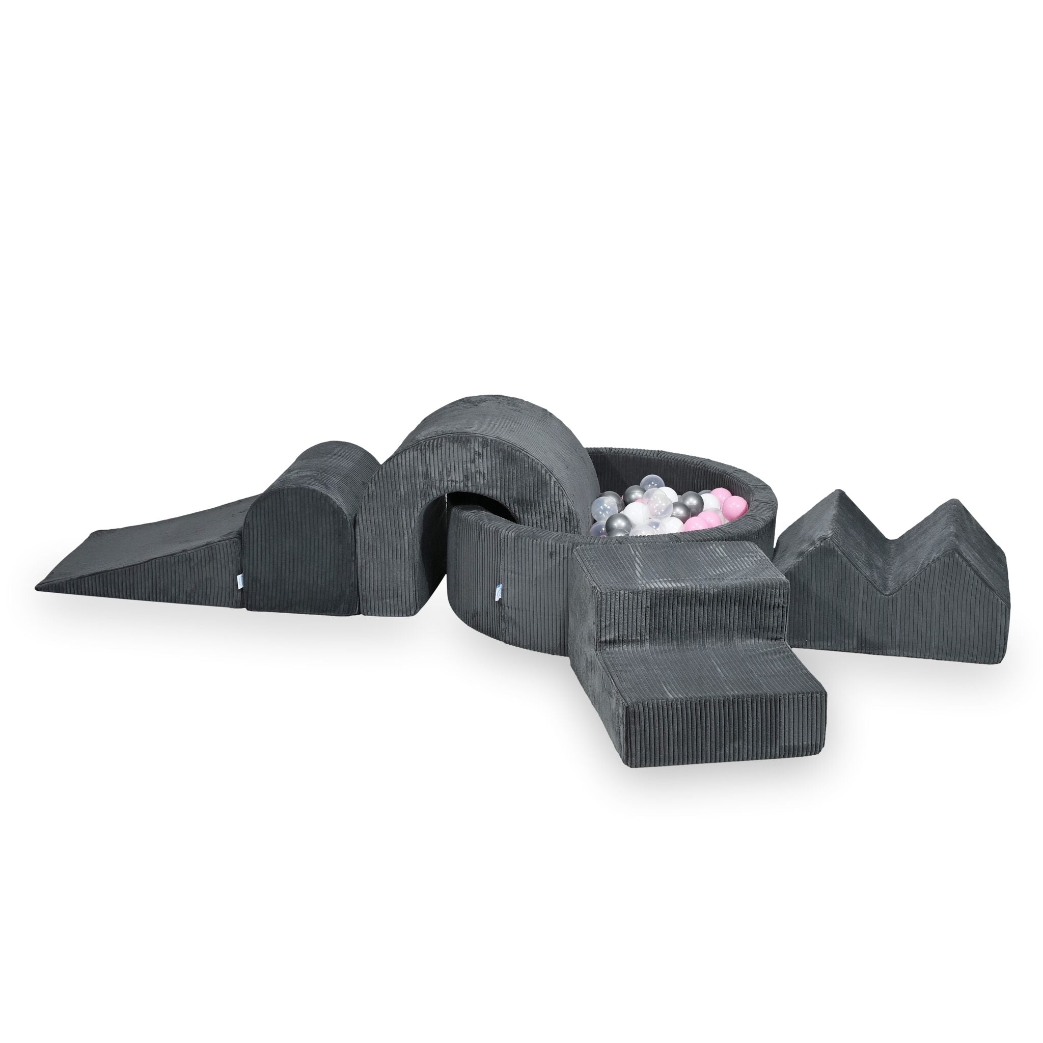 Foam play area with round pool 90x30 ribbed graphite + 5 elements + 200 balls