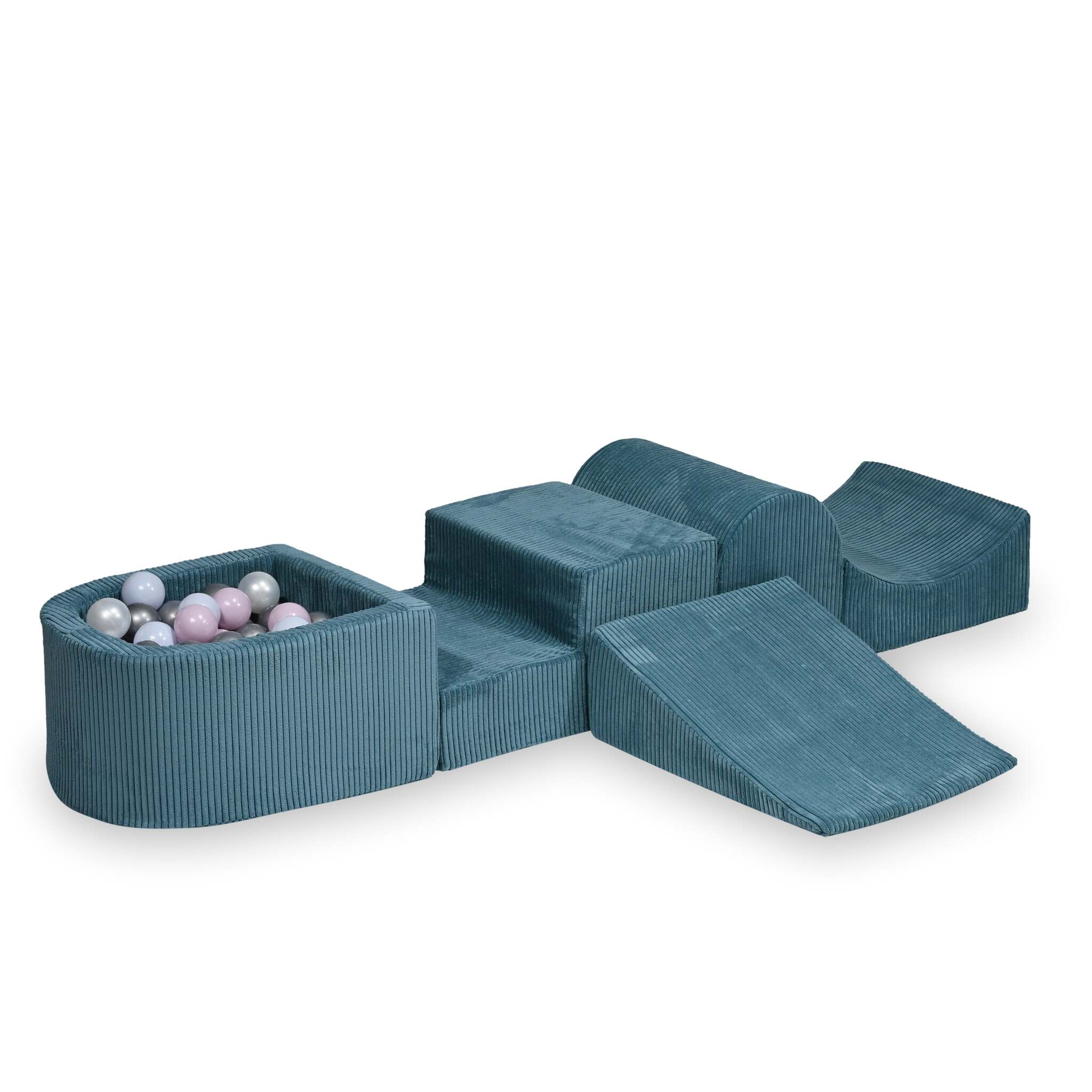 Aire de jeux en mousse avec colline et piscine micro velours côtelé bleu + 100 balles